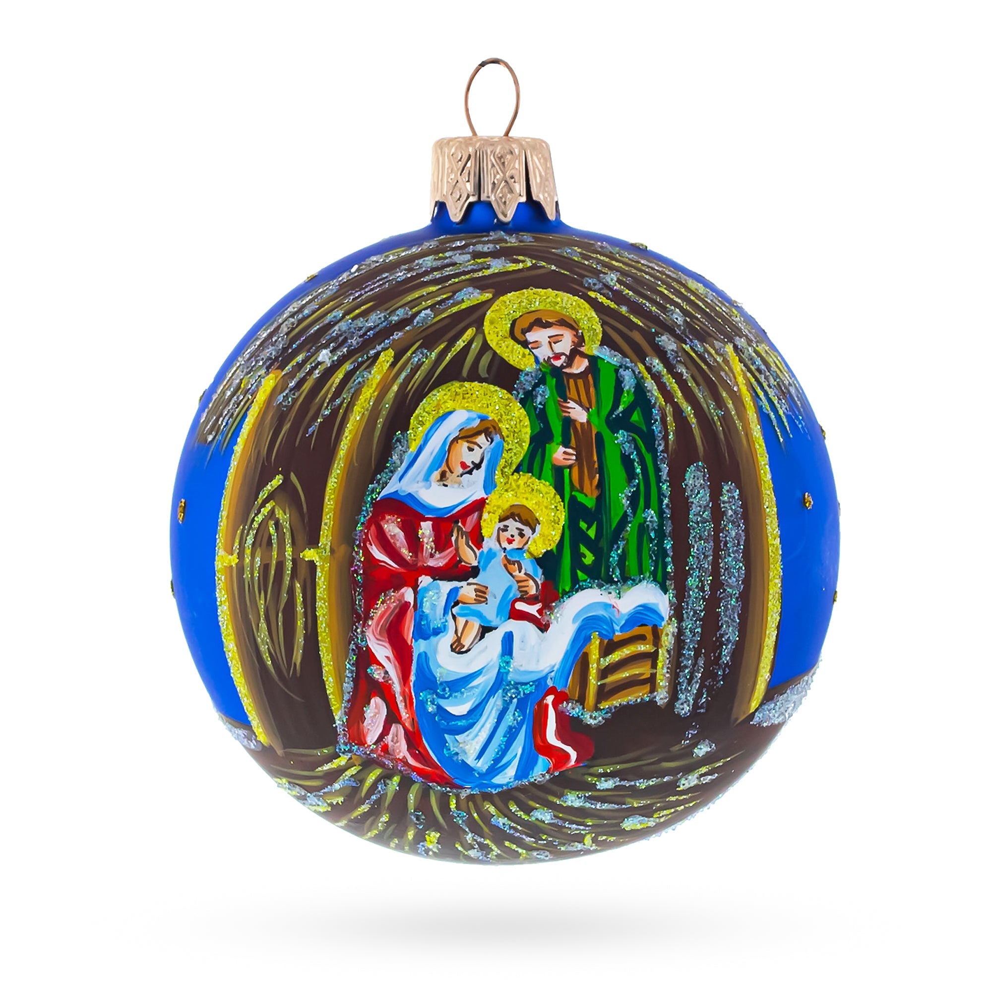 Timeless Nativity Scene In Manger - Blown Glass Ball Christmas Ornament 3.25 Inches