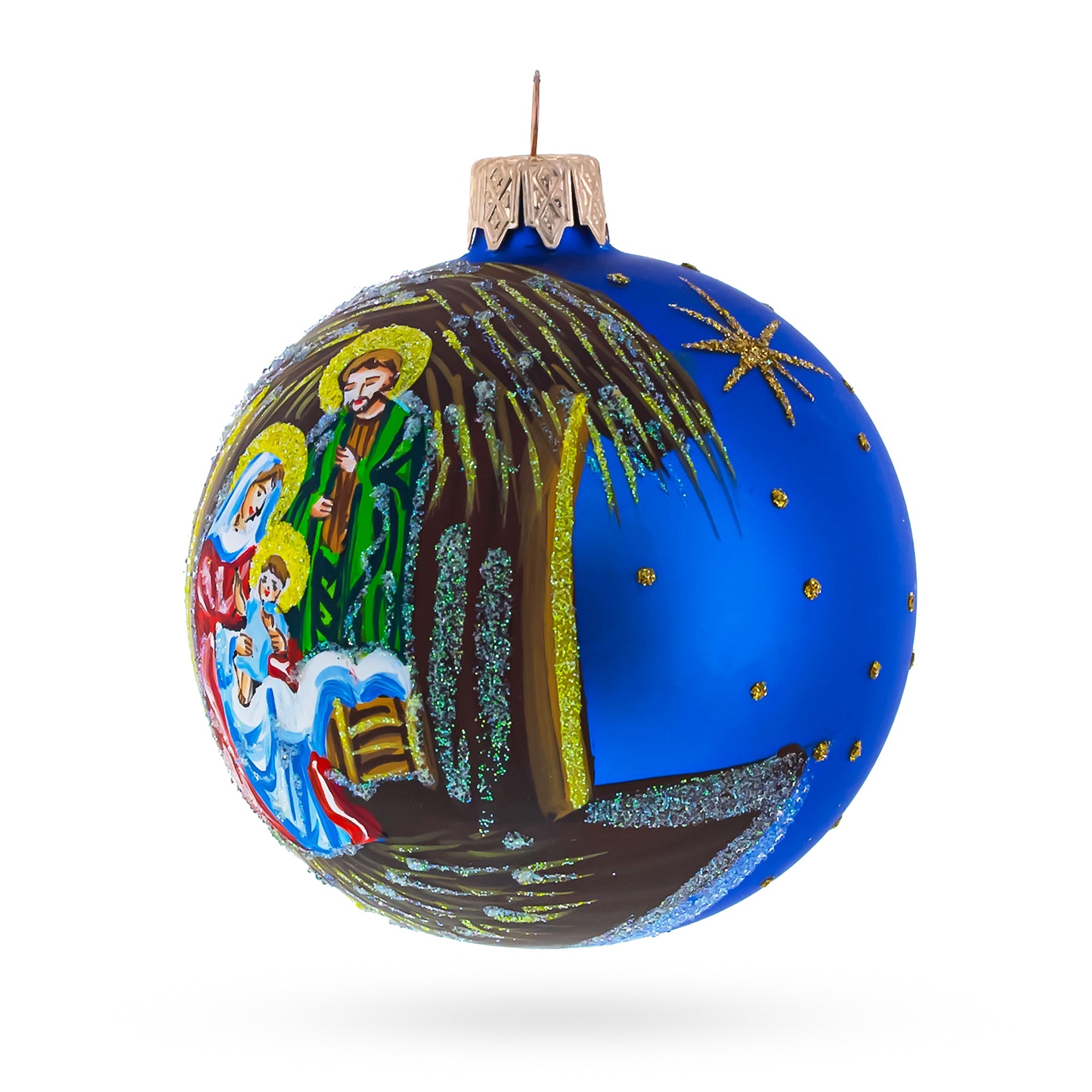 Timeless Nativity Scene In Manger - Blown Glass Ball Christmas Ornament 3.25 Inches