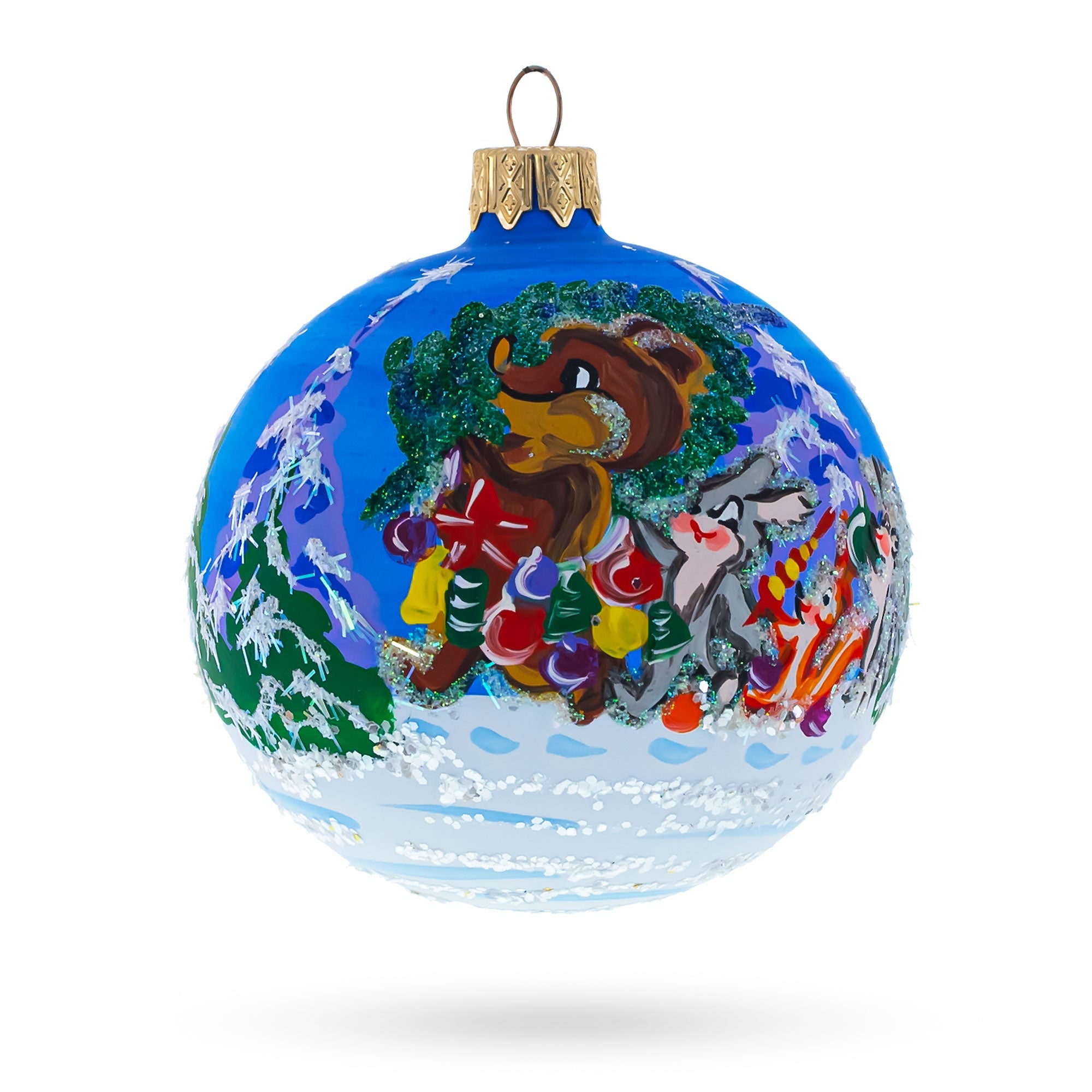 Whimsical Bear With Bunny And Squirrel By Christmas Tree - Blown Glass Ball Ornament 3.25 Inches