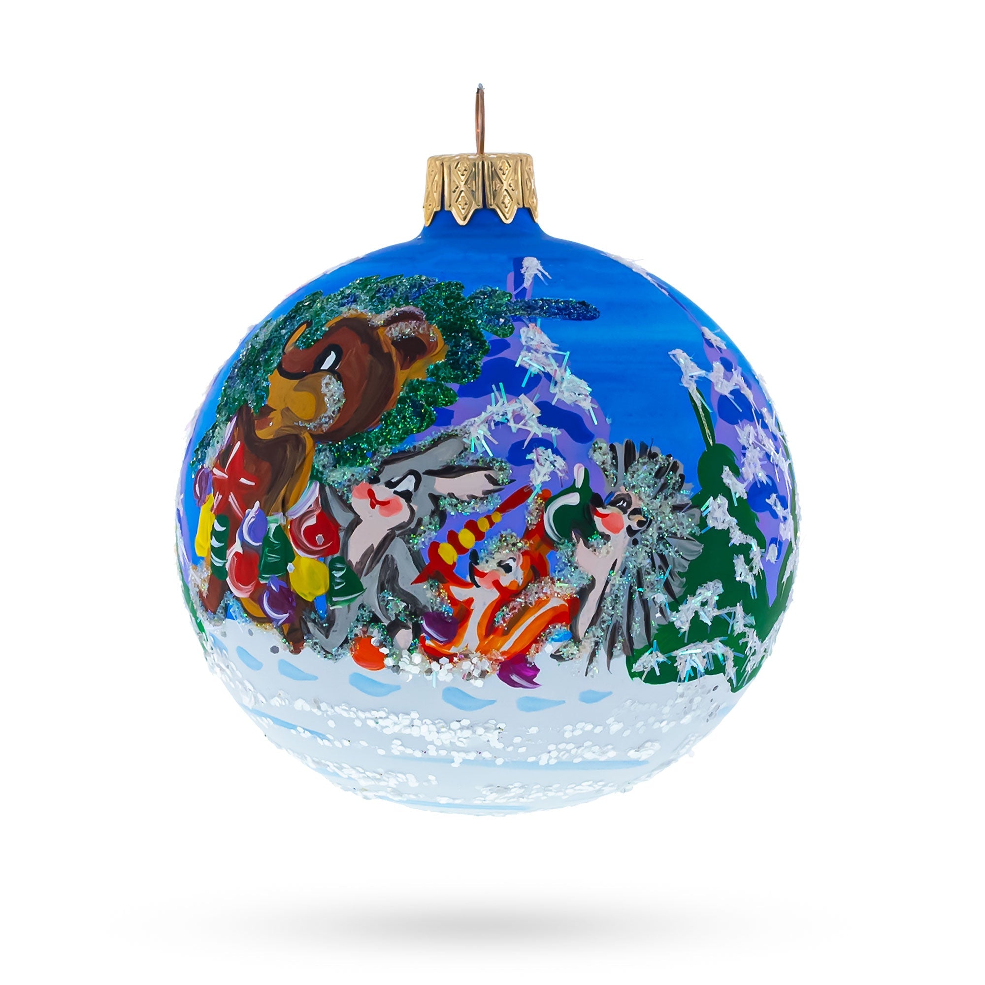 Whimsical Bear With Bunny And Squirrel By Christmas Tree - Blown Glass Ball Ornament 3.25 Inches