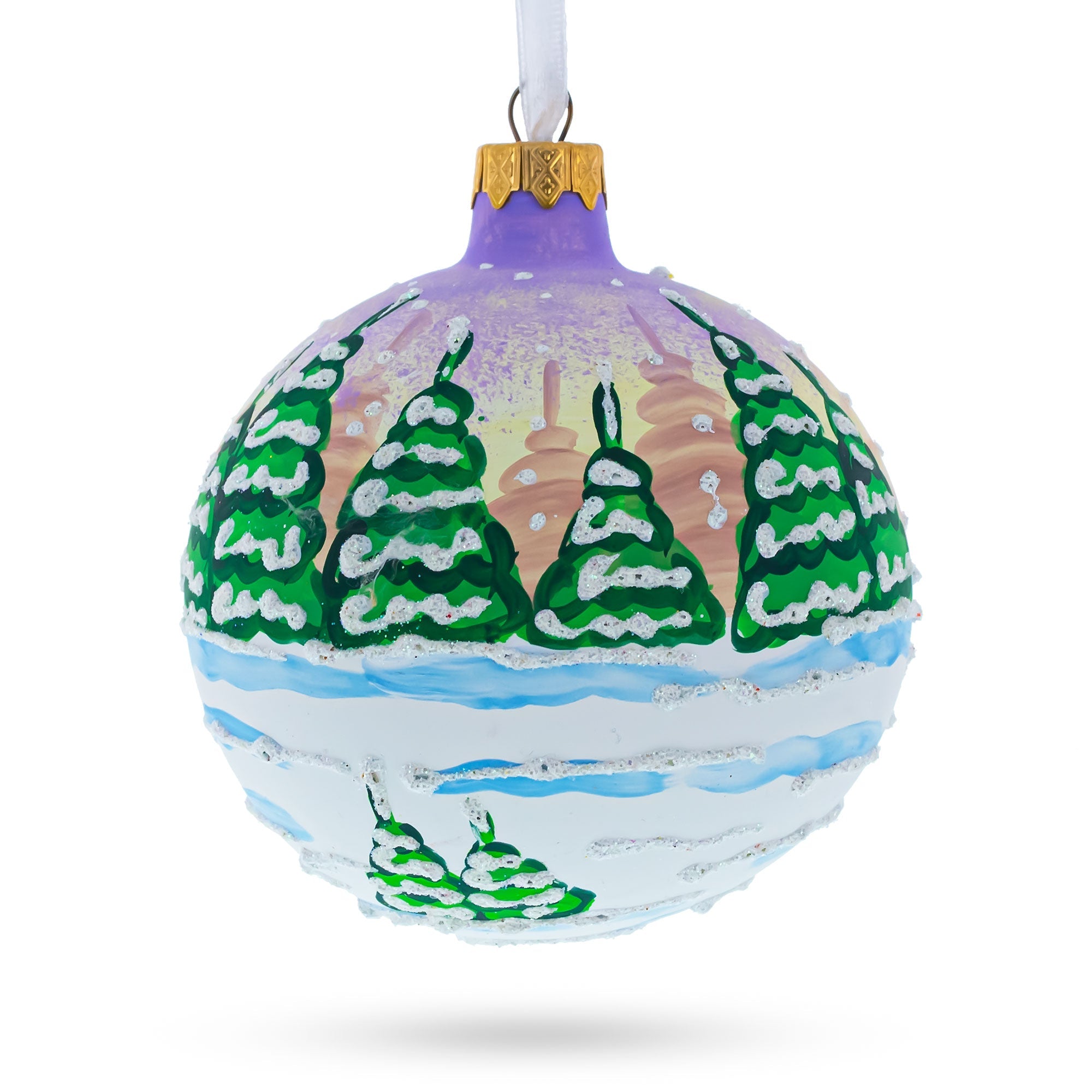 Majestic Santa In Winter Riding 3 White Horses - Blown Glass Ball Christmas Ornament 4 Inches