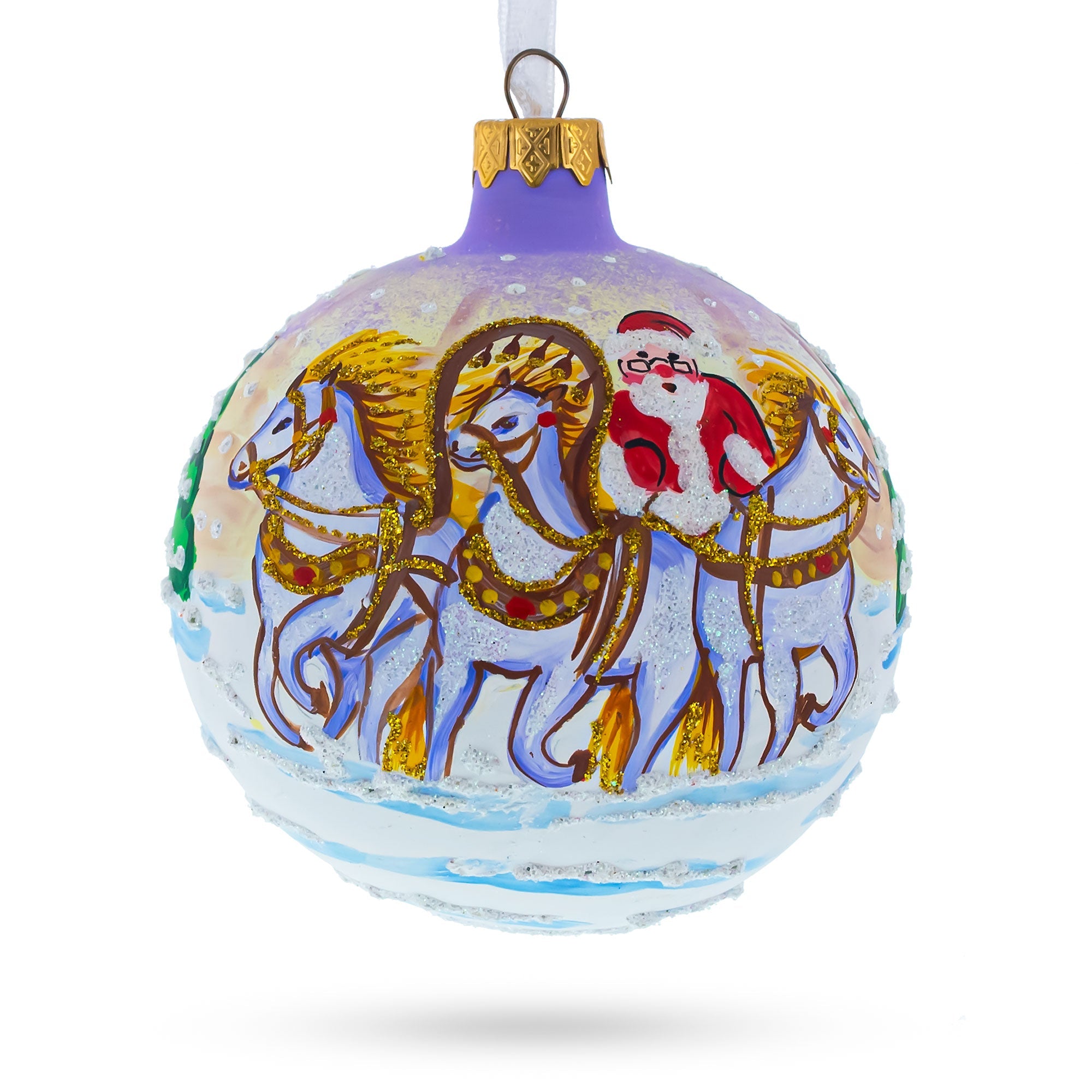 Majestic Santa In Winter Riding 3 White Horses - Blown Glass Ball Christmas Ornament 4 Inches