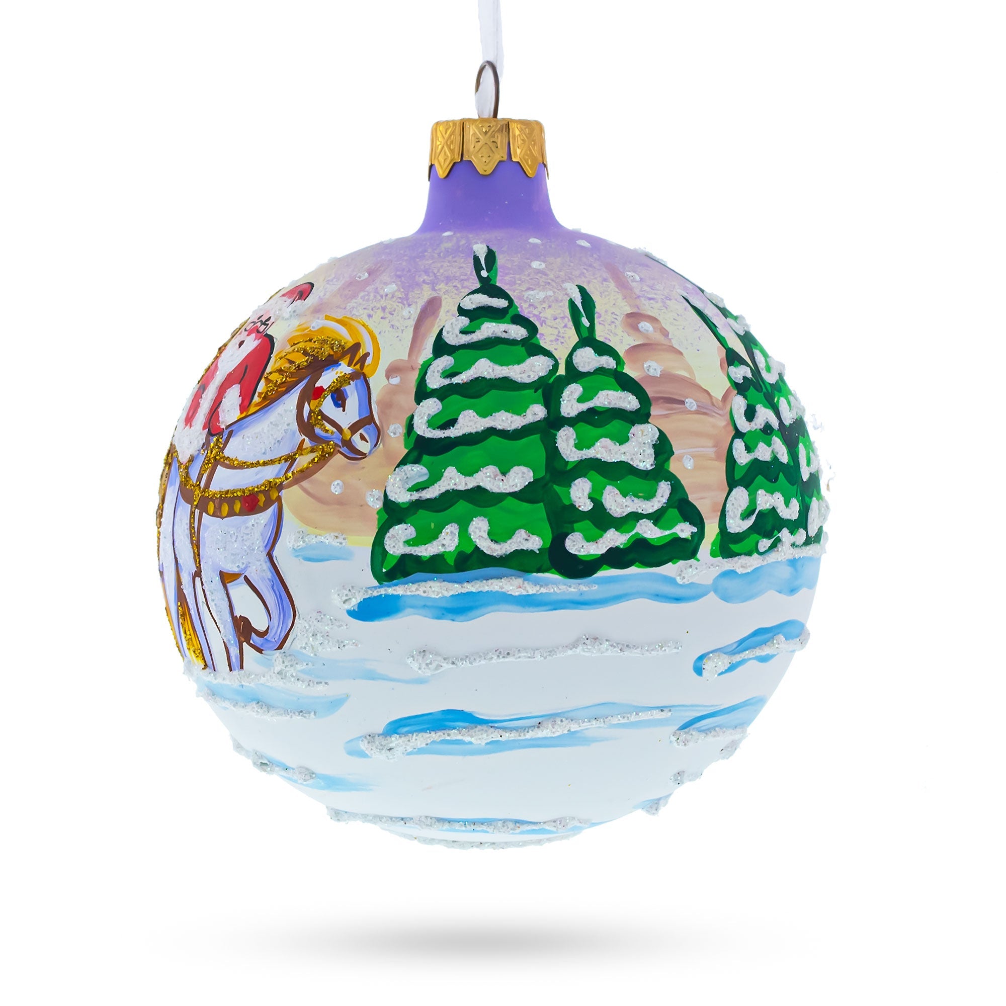 Majestic Santa In Winter Riding 3 White Horses - Blown Glass Ball Christmas Ornament 3.25 Inches