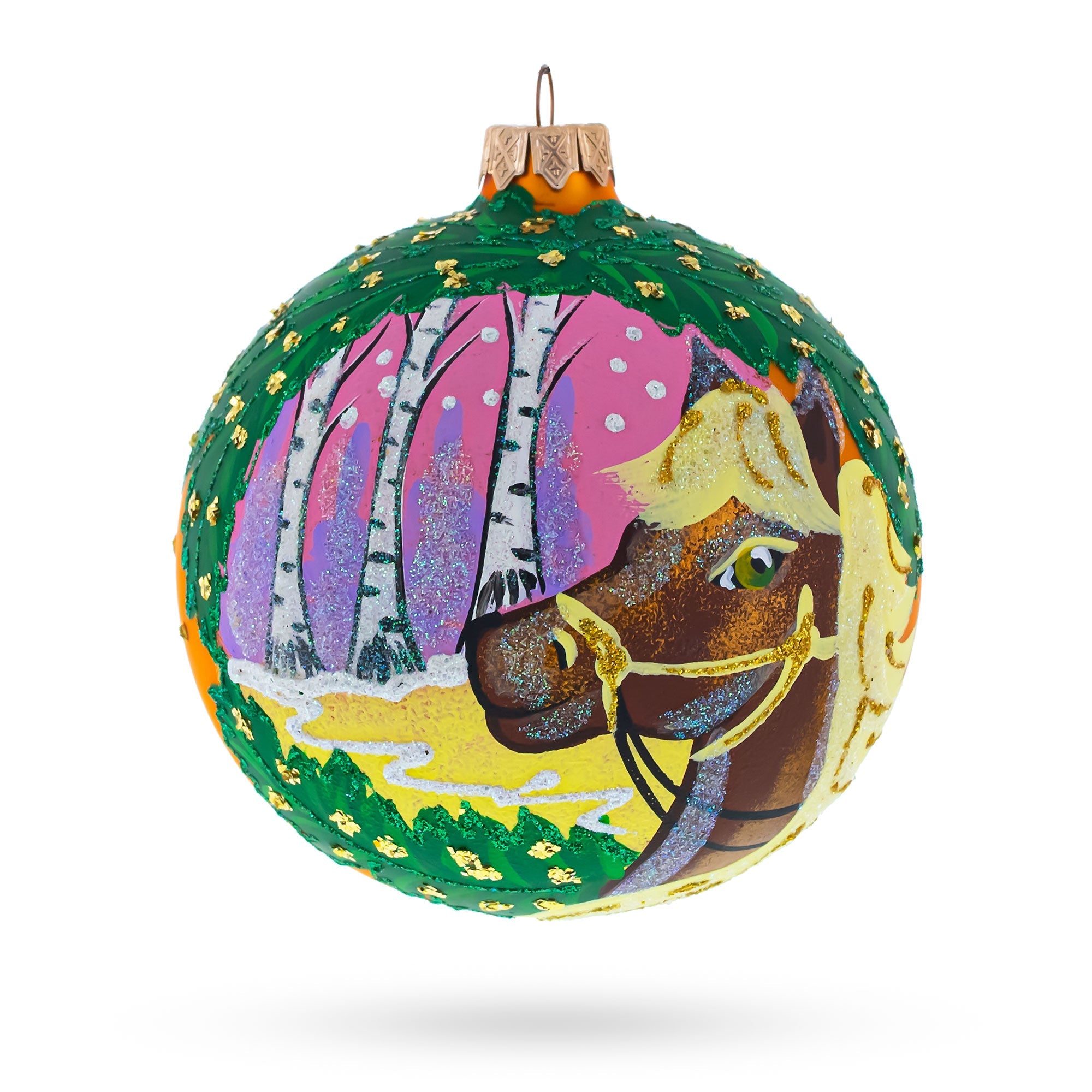 Serene Horse In The Forest Animal Blown Glass Ball Christmas Ornament 4 Inches