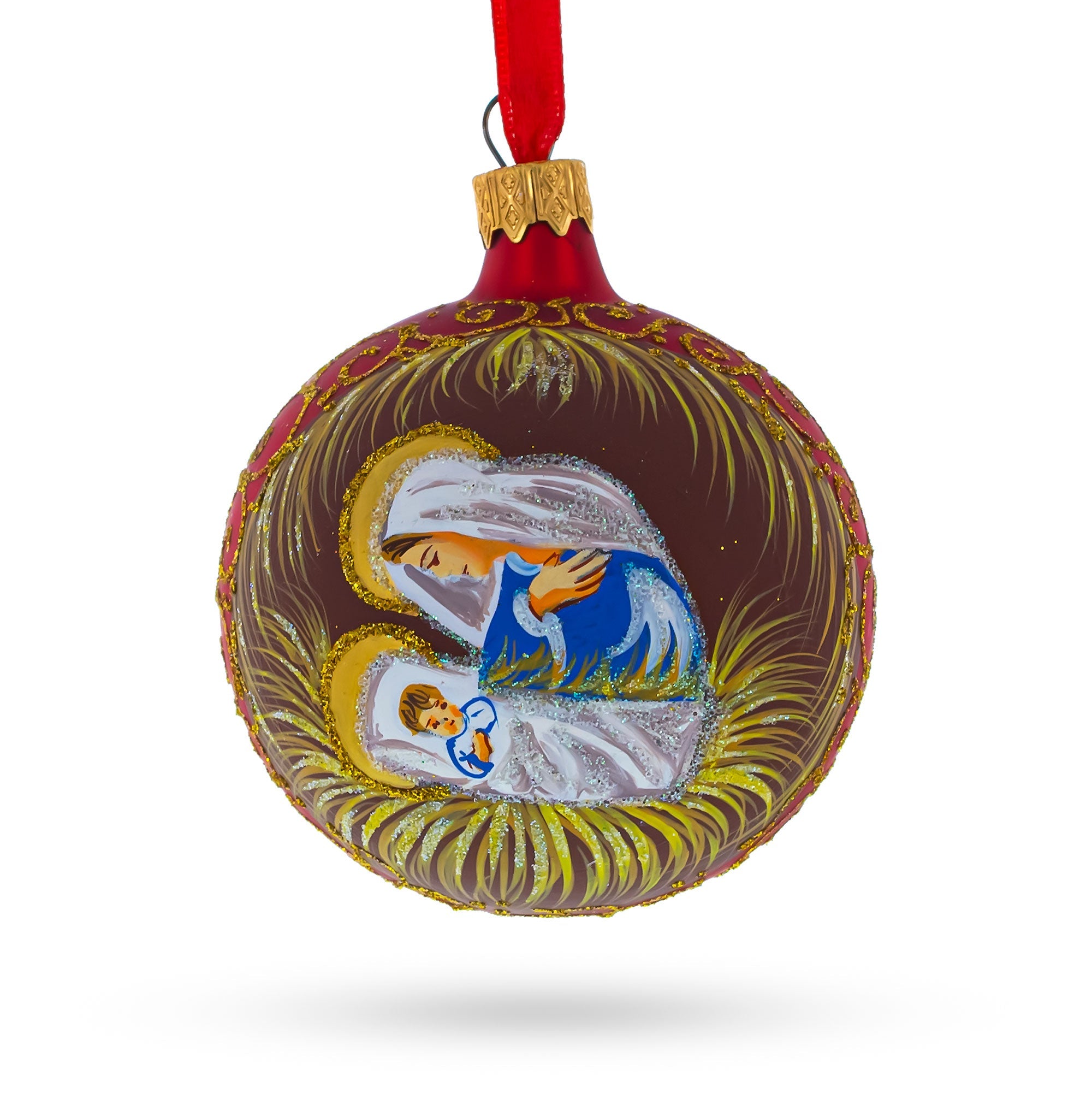 Sacred Mary Overlooking Jesus Nativity - Blown Glass Ball Christmas Ornament 3.25 Inches