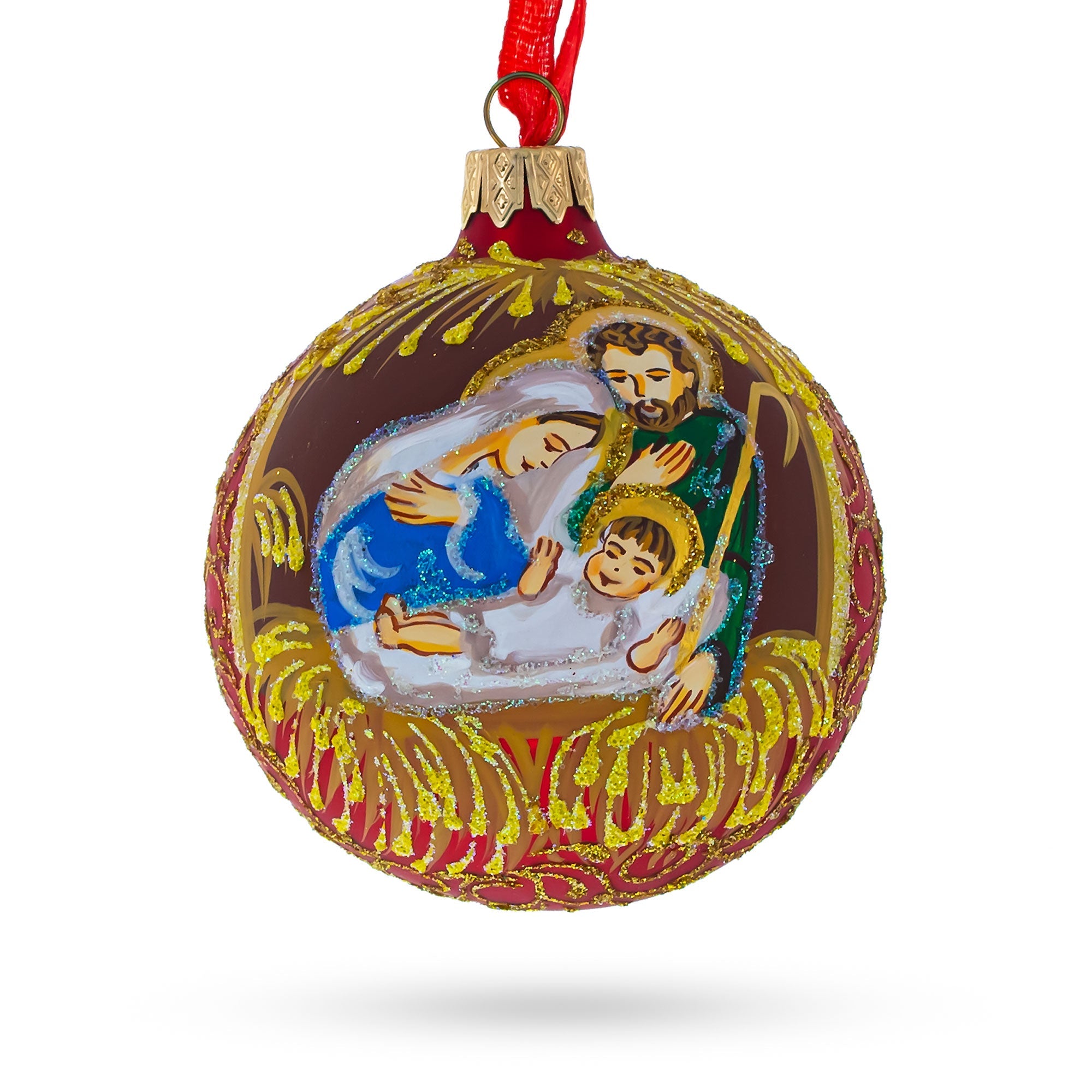 Reverent Holy Family Admires Jesus Nativity Scene - Blown Glass Ball Christmas Ornament 3.25 Inches