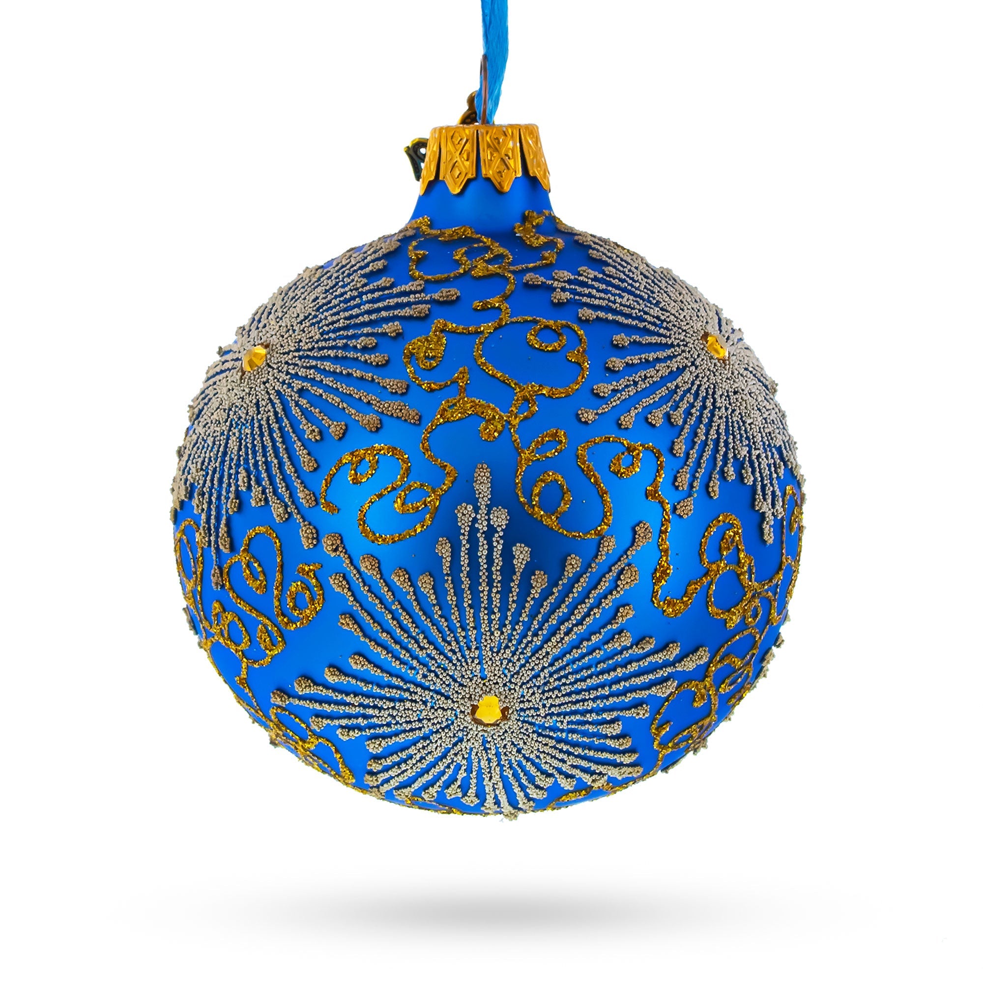 Sparkling Jeweled Snowflakes On Blue Blown Glass Ball Christmas Ornament 3.25 Inches