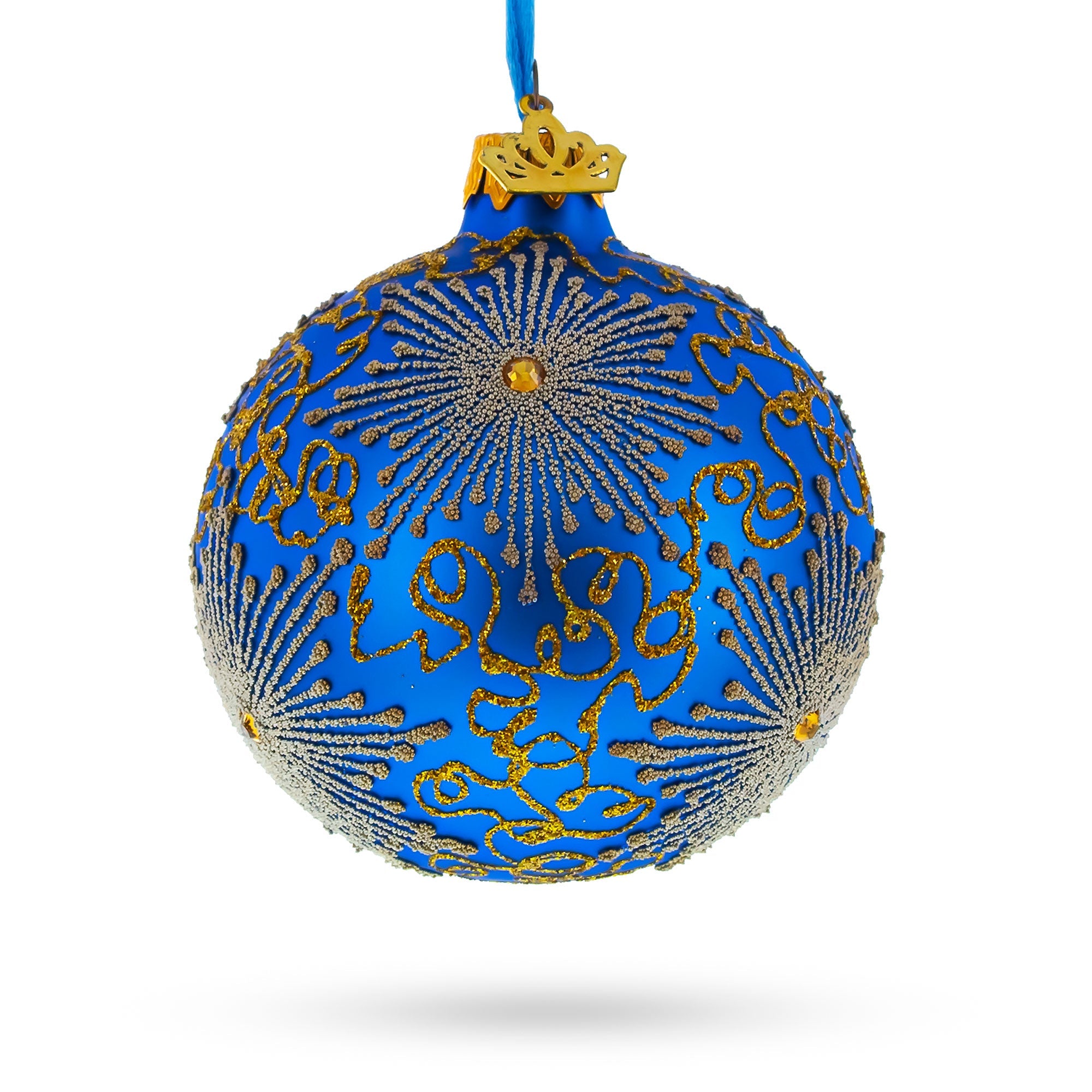 Sparkling Jeweled Snowflakes On Blue Blown Glass Ball Christmas Ornament 3.25 Inches