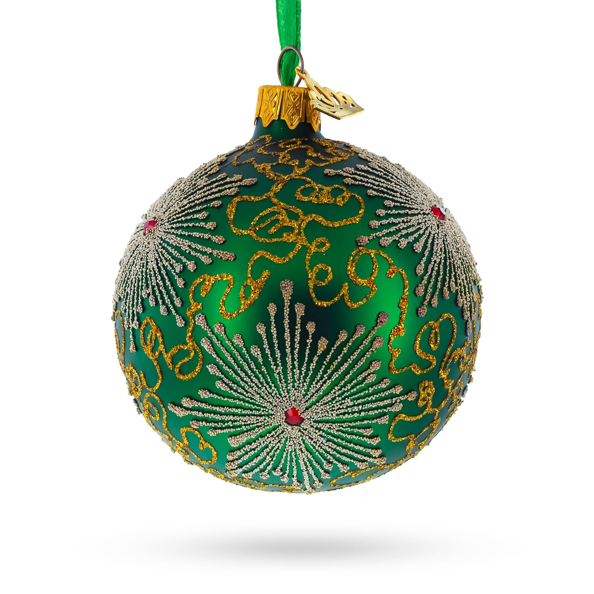 Dazzling Jeweled Snowflakes On Green Blown Glass Ball Christmas Ornament 3.25 Inches