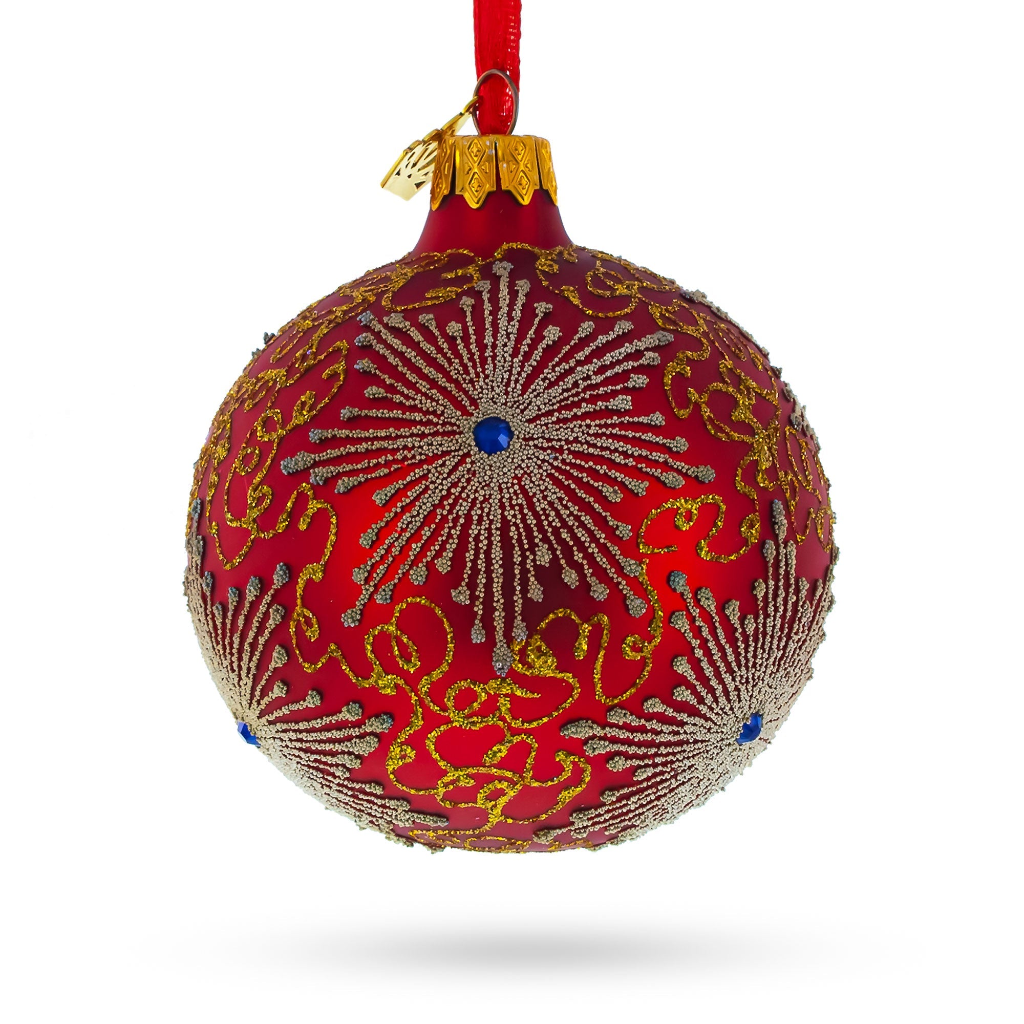 Radiant Jeweled Snowflake On Red Blown Glass Christmas Ornament 3.25 Inches