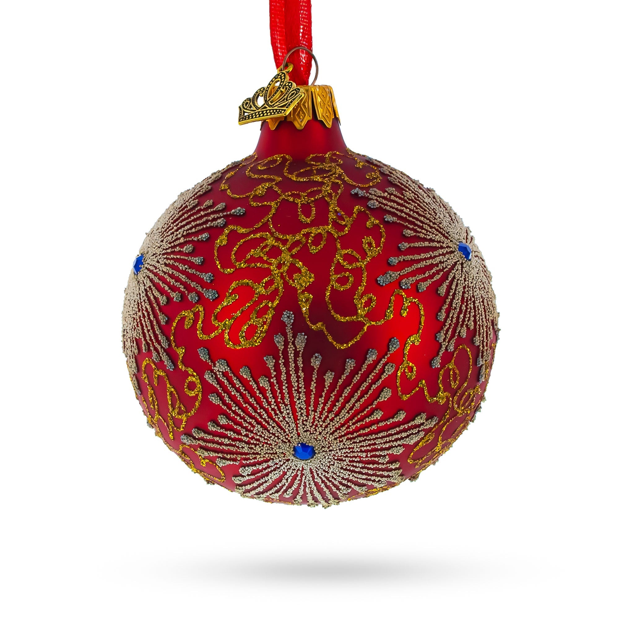 Radiant Jeweled Snowflake On Red Blown Glass Christmas Ornament 3.25 Inches