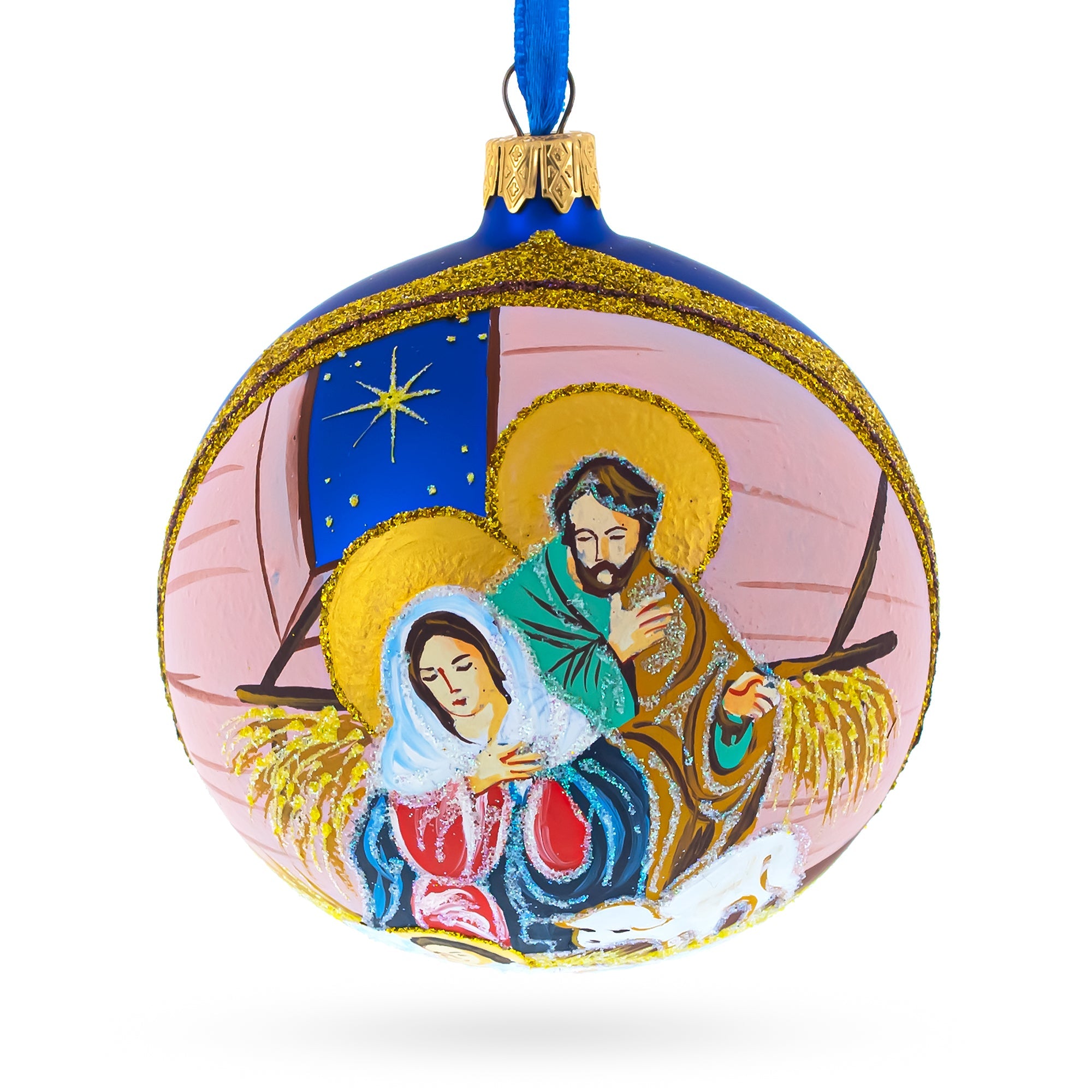 Serene Baby Jesus Sleeping Nativity Scene - Blown Glass Ball Christmas Ornament 4 Inches