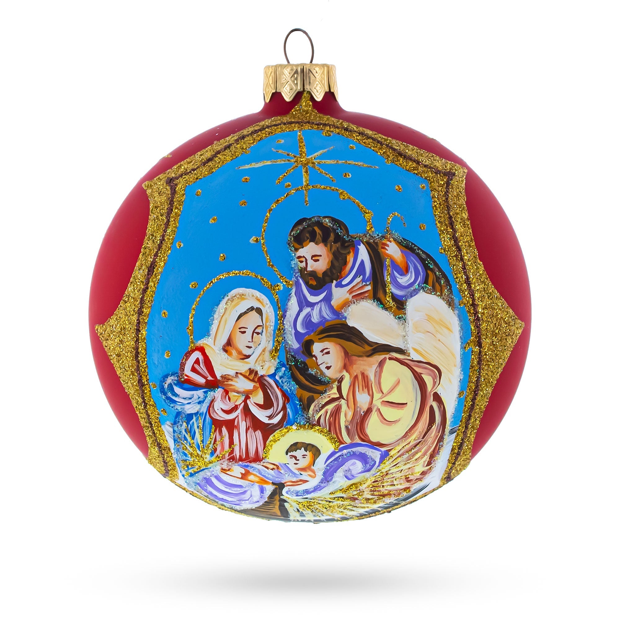 Divine Angel & Holy Family Admiring Jesus Nativity - Blown Glass Ball Christmas Ornament 4 Inches