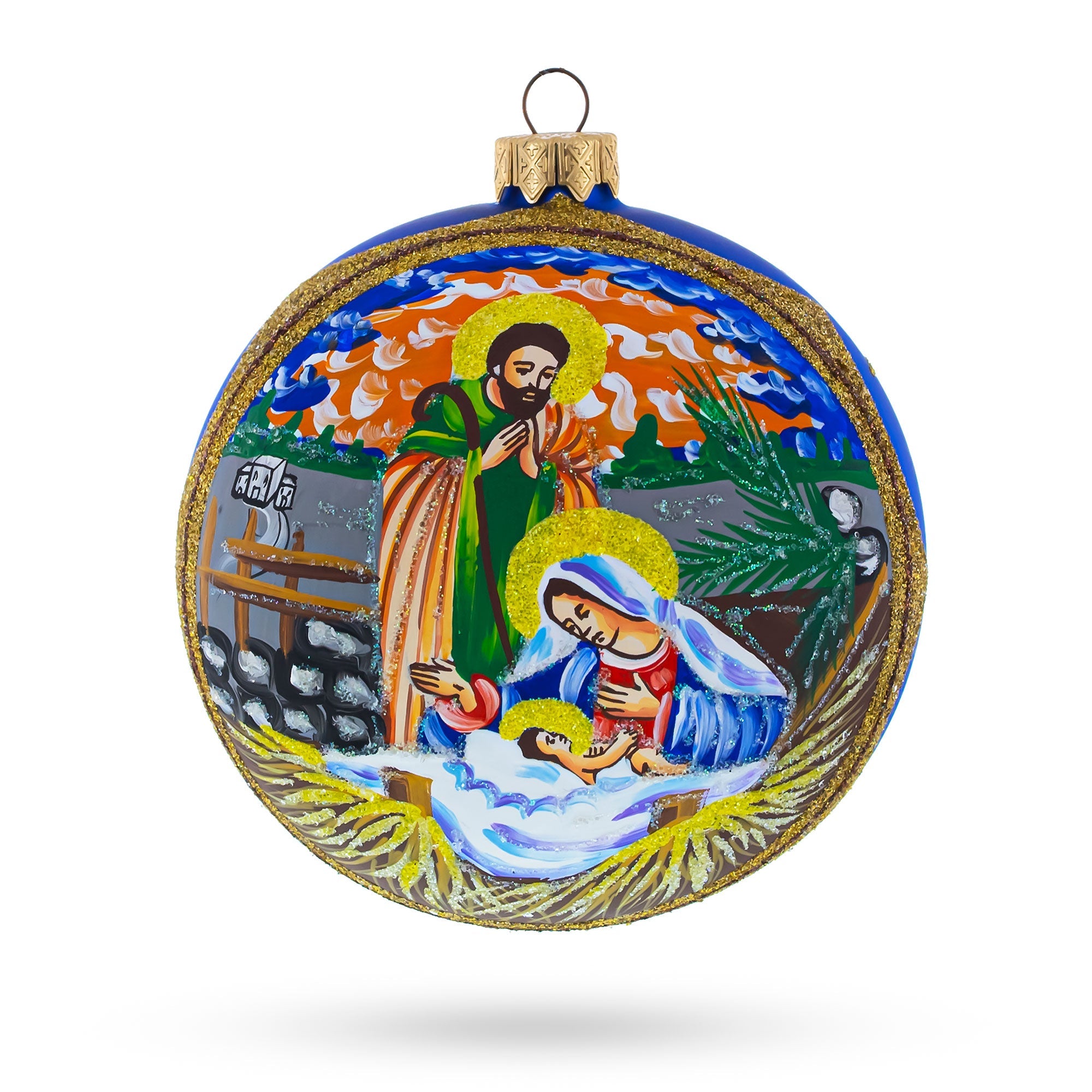 Ethereal Sunset Nativity Scene - Blown Glass Ball Christmas Ornament 4 Inches