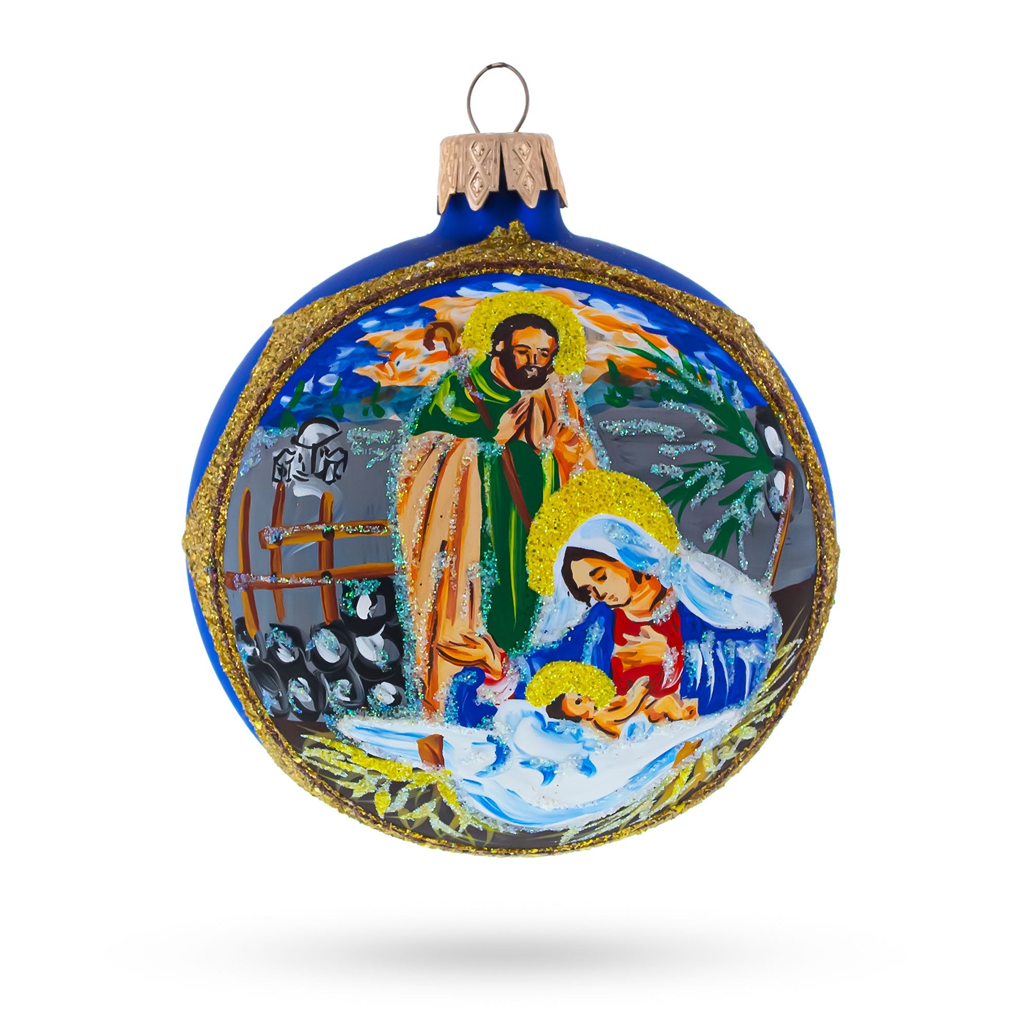 Loving Joseph And Mary Admiring Baby Jesus - Blown Glass Ball Christmas Ornament 3.25 Inches