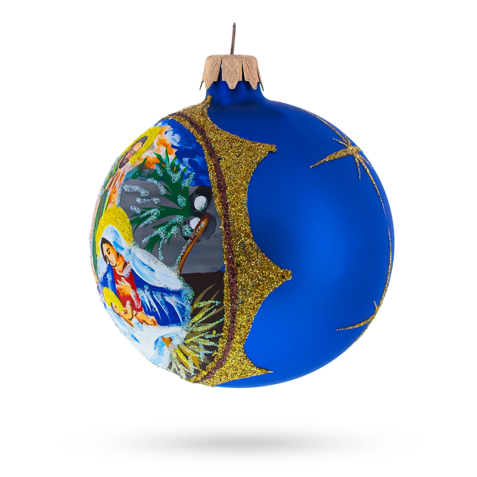 Loving Joseph And Mary Admiring Baby Jesus - Blown Glass Ball Christmas Ornament 3.25 Inches