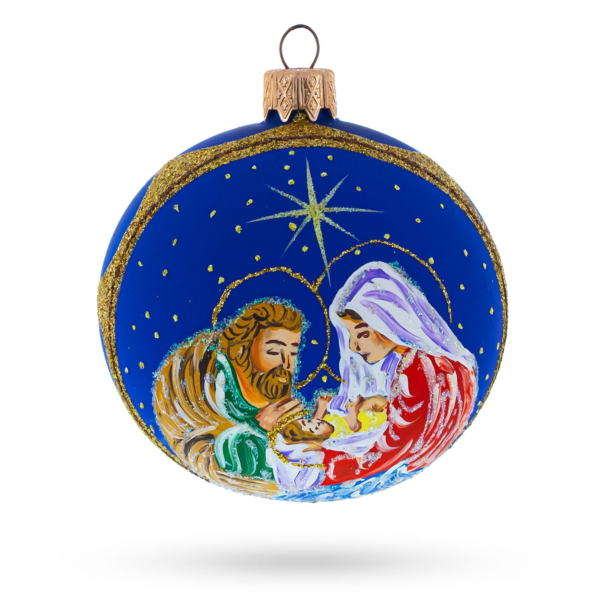 Loving Joseph And Mary Admiring Baby Jesus - Blown Glass Ball Christmas Ornament 3.25 Inches