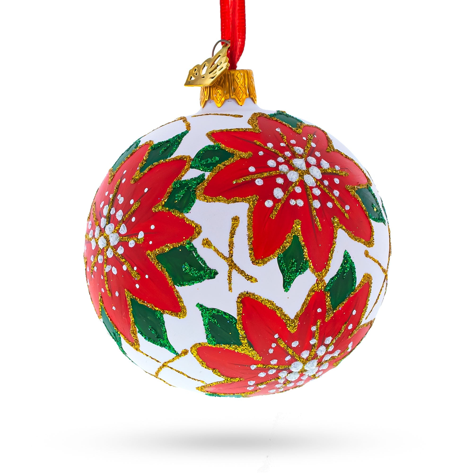 Elegant Poinsettia Flowers On White - Blown Glass Ball Christmas Ornament 3.25 Inches