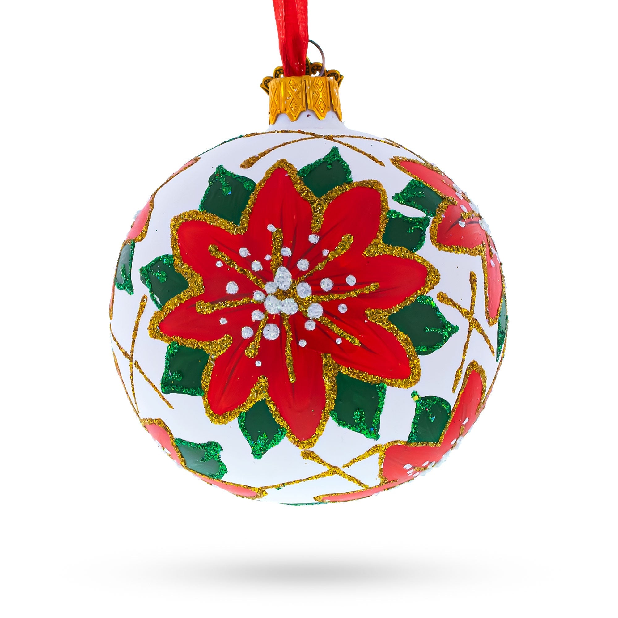 Elegant Poinsettia Flowers On White - Blown Glass Ball Christmas Ornament 3.25 Inches