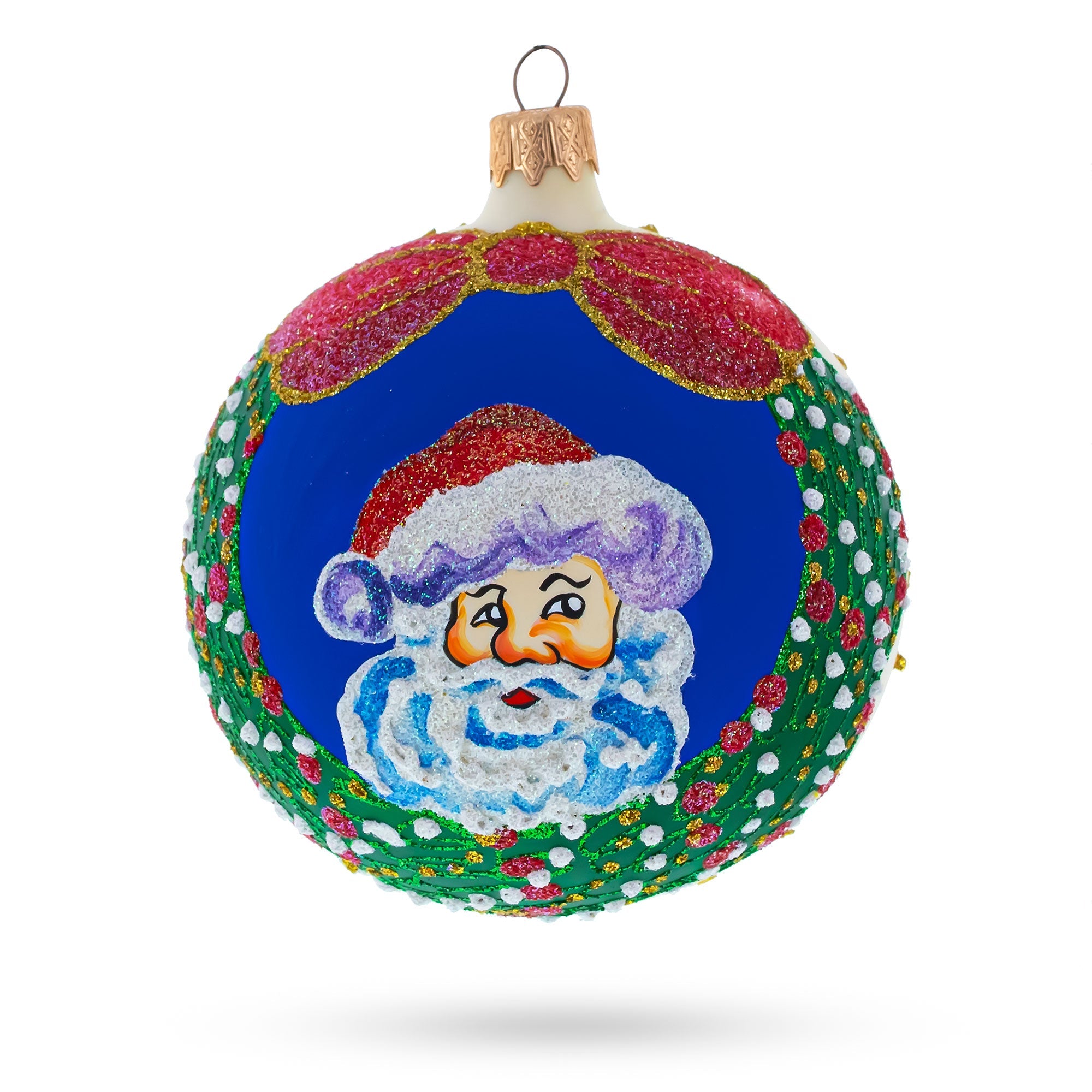 Festive Santa Wreath Gifts - Blown Glass Ball Christmas Ornament 4 Inches