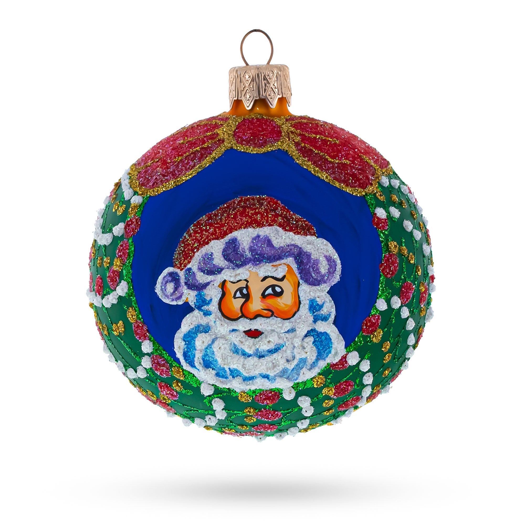 Festive Santa Wreath Gifts - Blown Glass Ball Christmas Ornament 3.25 Inches