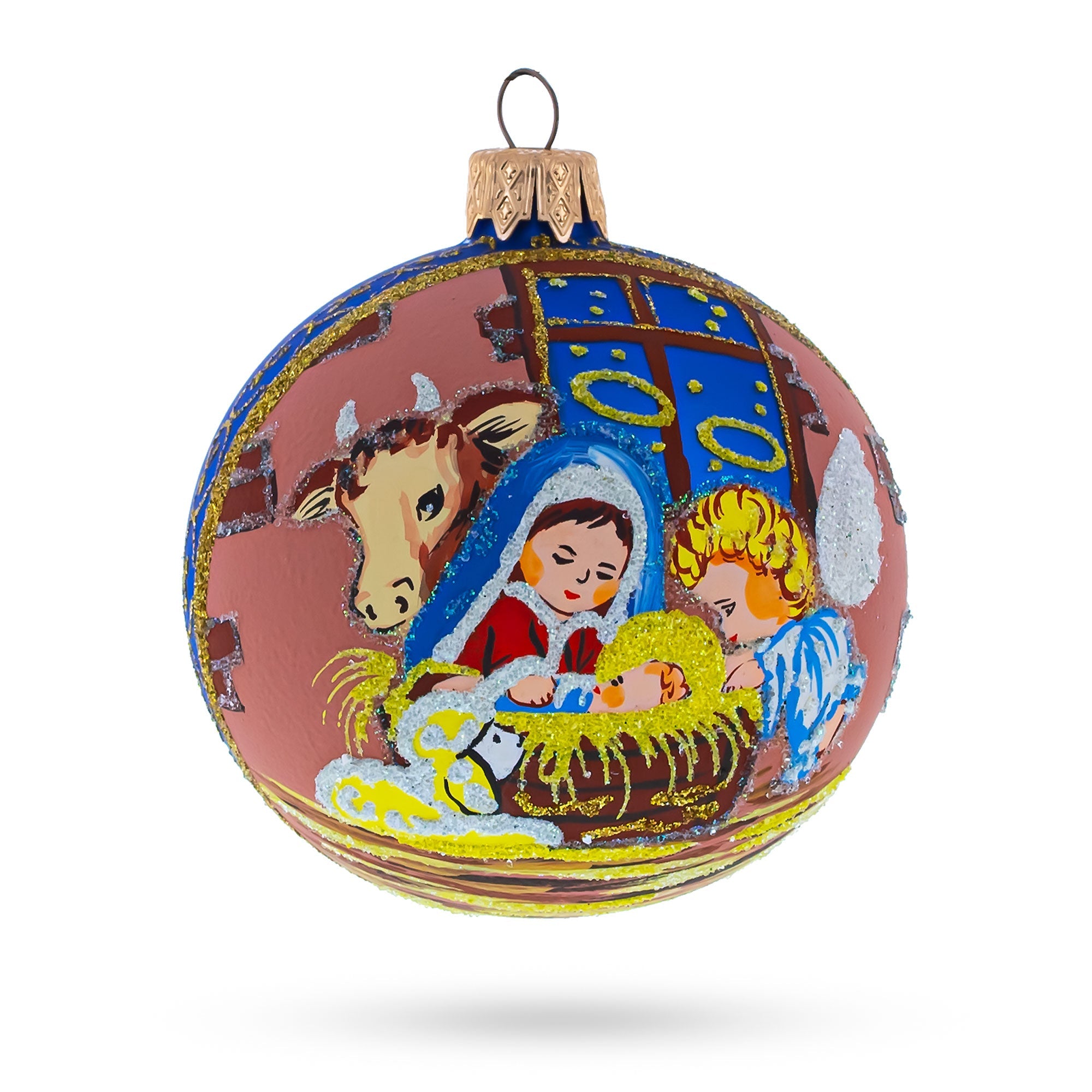 Serene Silent Night Nativity Scene- Blown Glass Ball Christmas Ornament 3.25 Inches