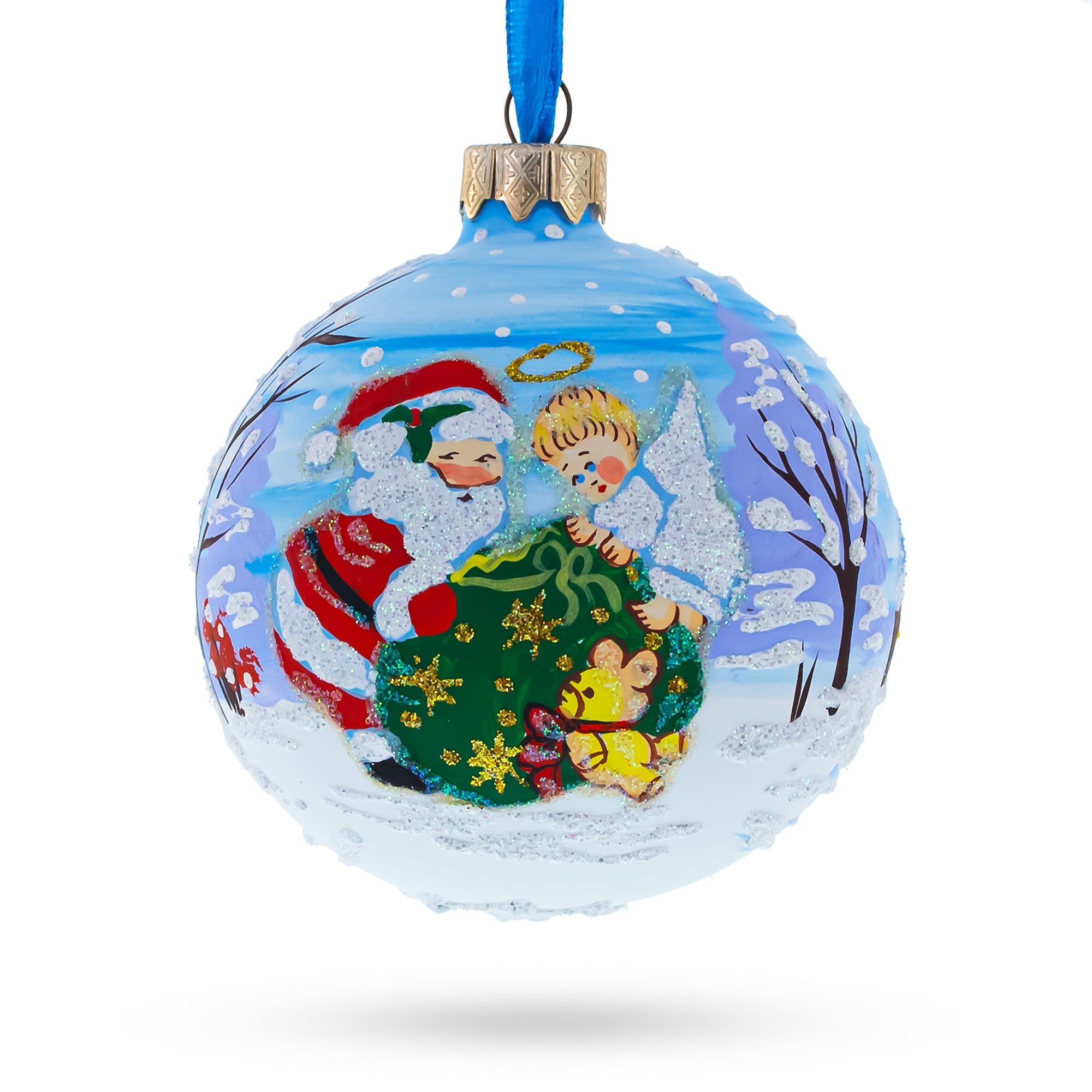 Joyful Angel Helping Santa With Christmas Gifts - Blown Glass Ball Christmas Ornament 3.25 Inches