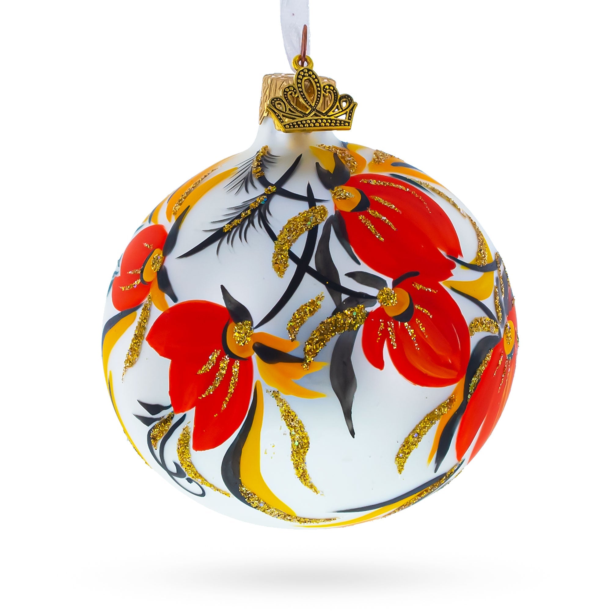 Elegant Adonis Flowers In White Blown Glass Ball Christmas Ornament