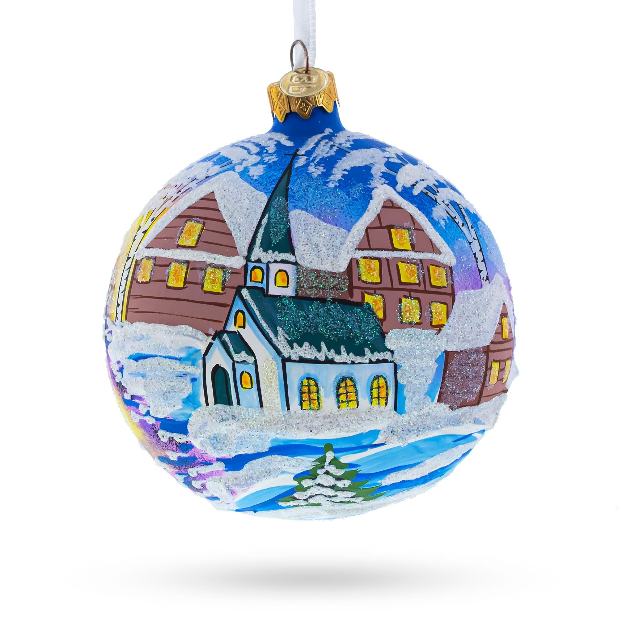 Enchanting Ukrainian Winter Village Church - Artisan Blown Glass Ball Christmas Ornament 4 Inches