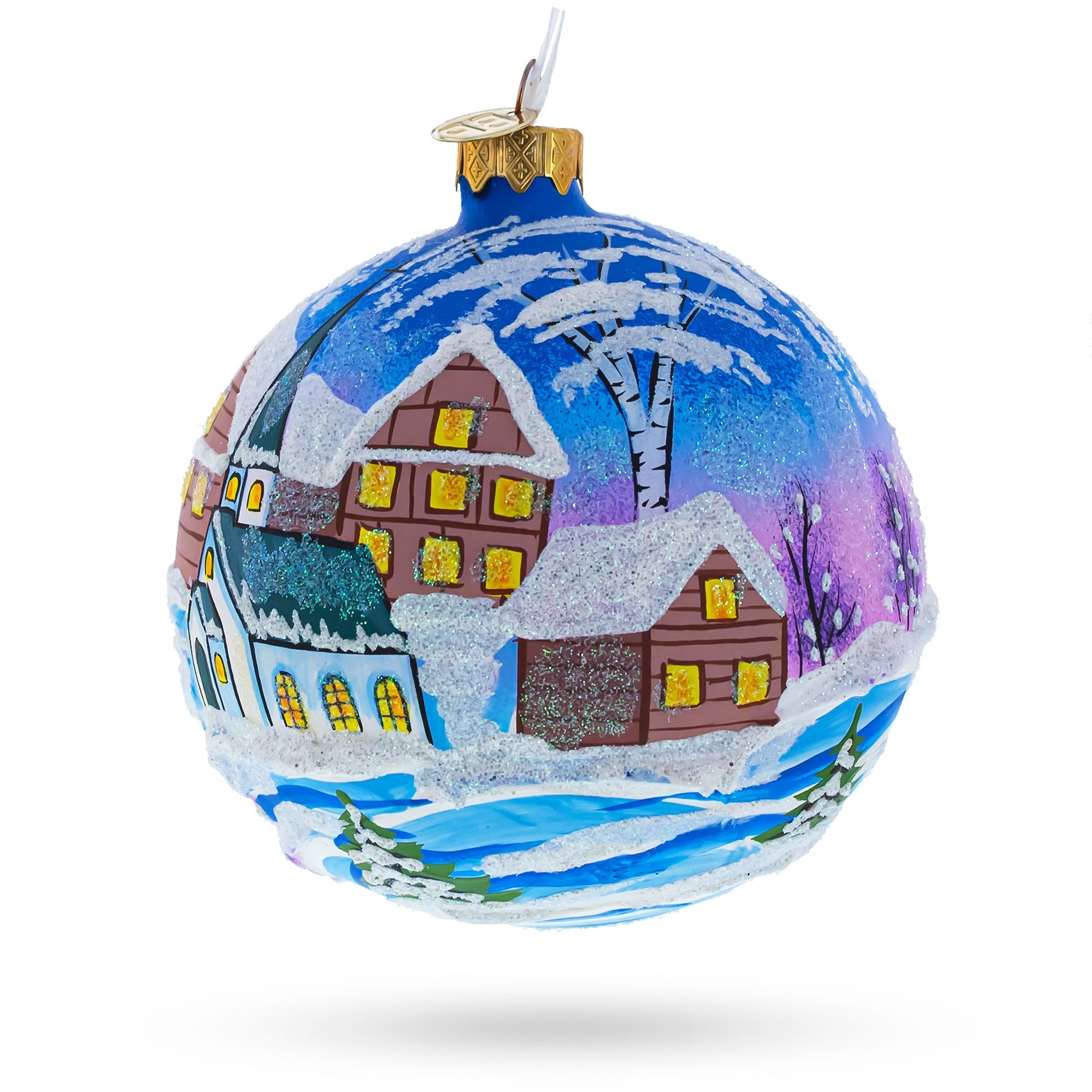 Enchanting Ukrainian Winter Village Church - Artisan Blown Glass Ball Christmas Ornament 4 Inches