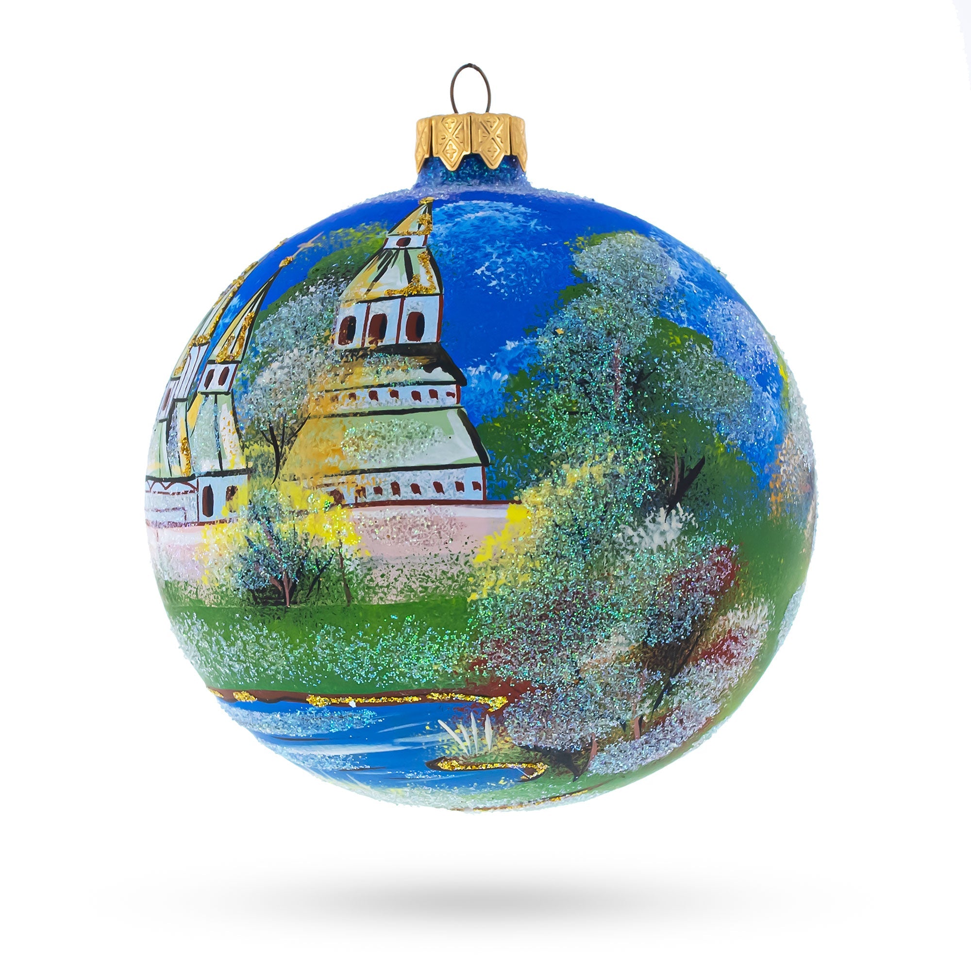 Aptivating Winter Church Scene - Artisan Blown Glass Ball Christmas Ornament 4 Inches