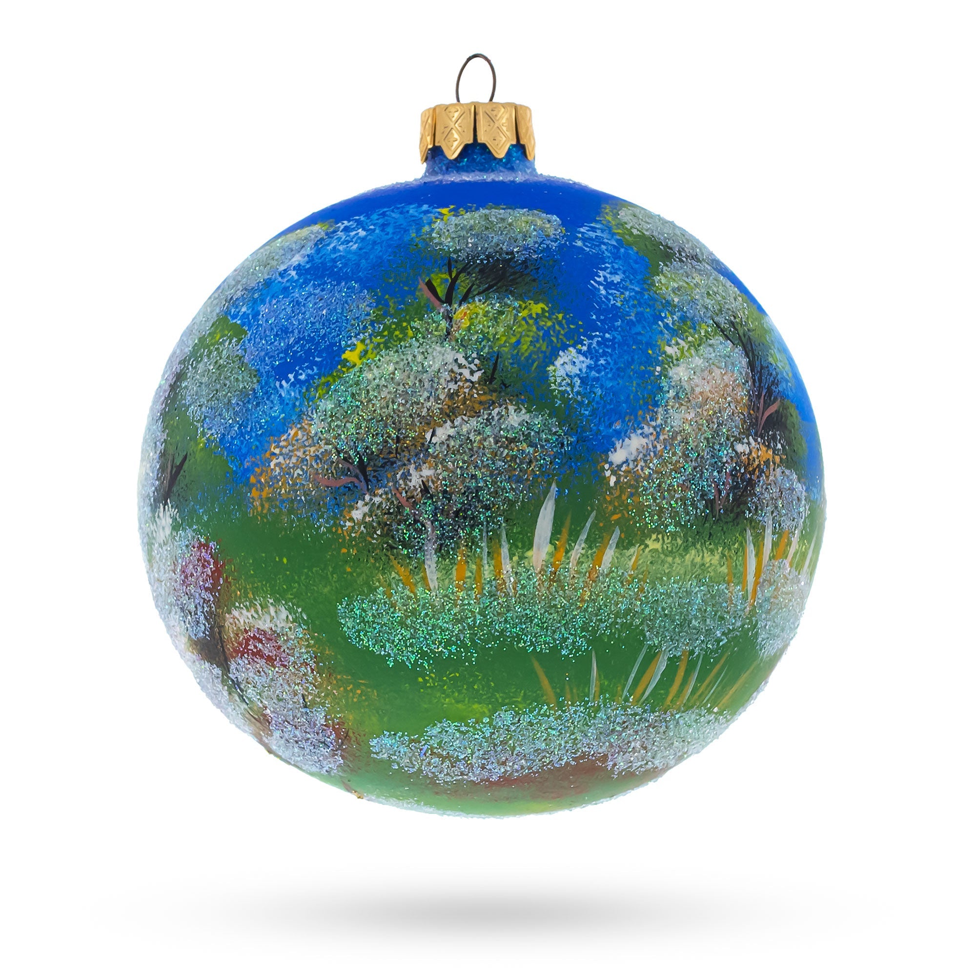 Aptivating Winter Church Scene - Artisan Blown Glass Ball Christmas Ornament 4 Inches