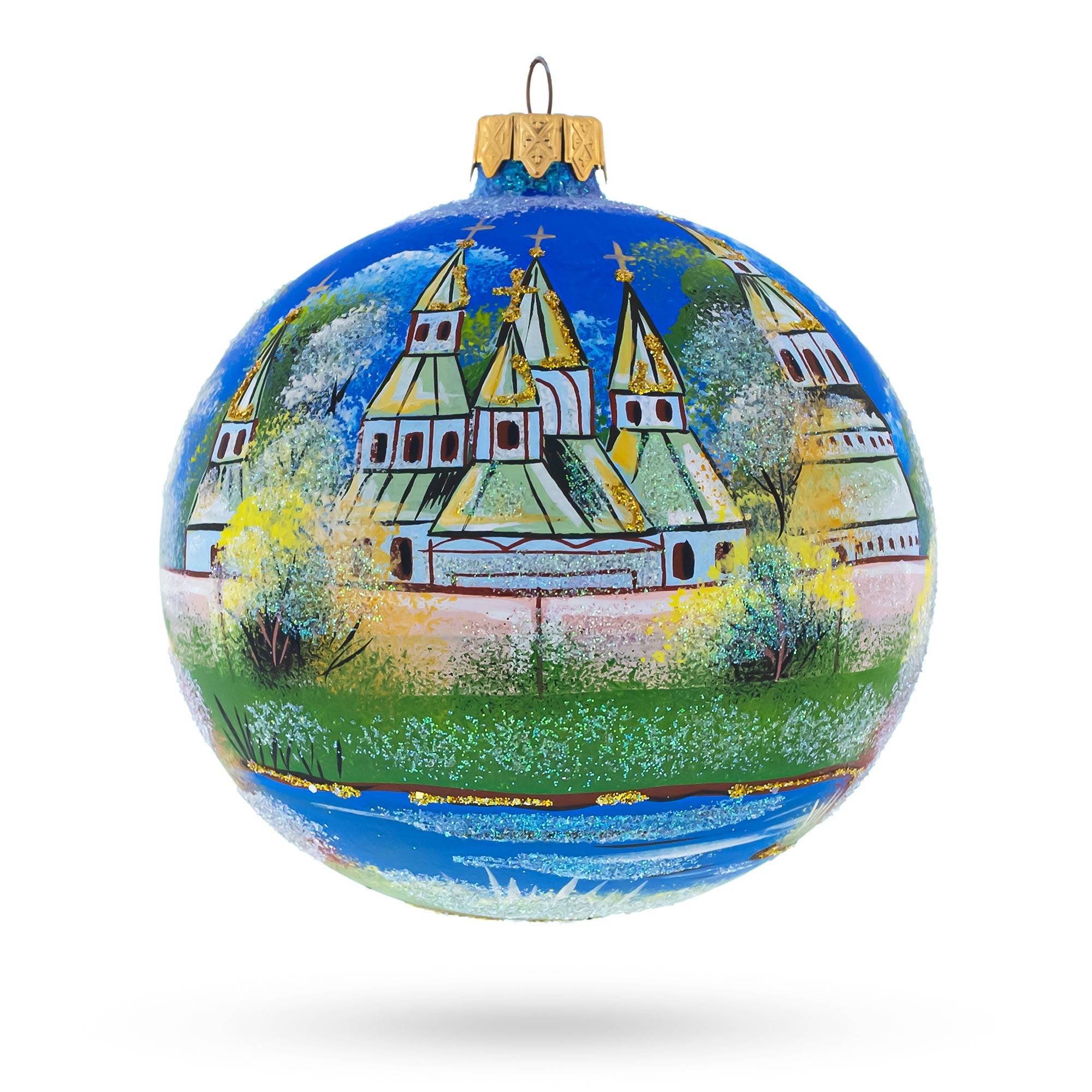 Aptivating Winter Church Scene - Artisan Blown Glass Ball Christmas Ornament 4 Inches