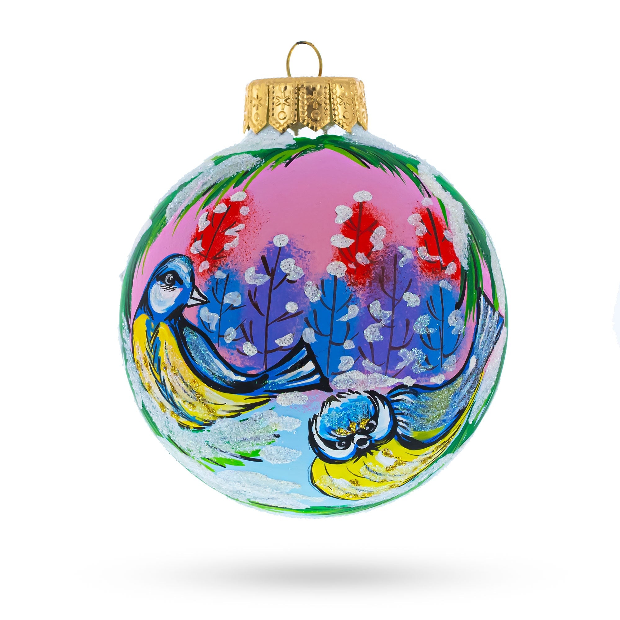 Whimsical Two Finches In Winter - Artisan Blown Glass Ball Christmas Ornament 4 Inches