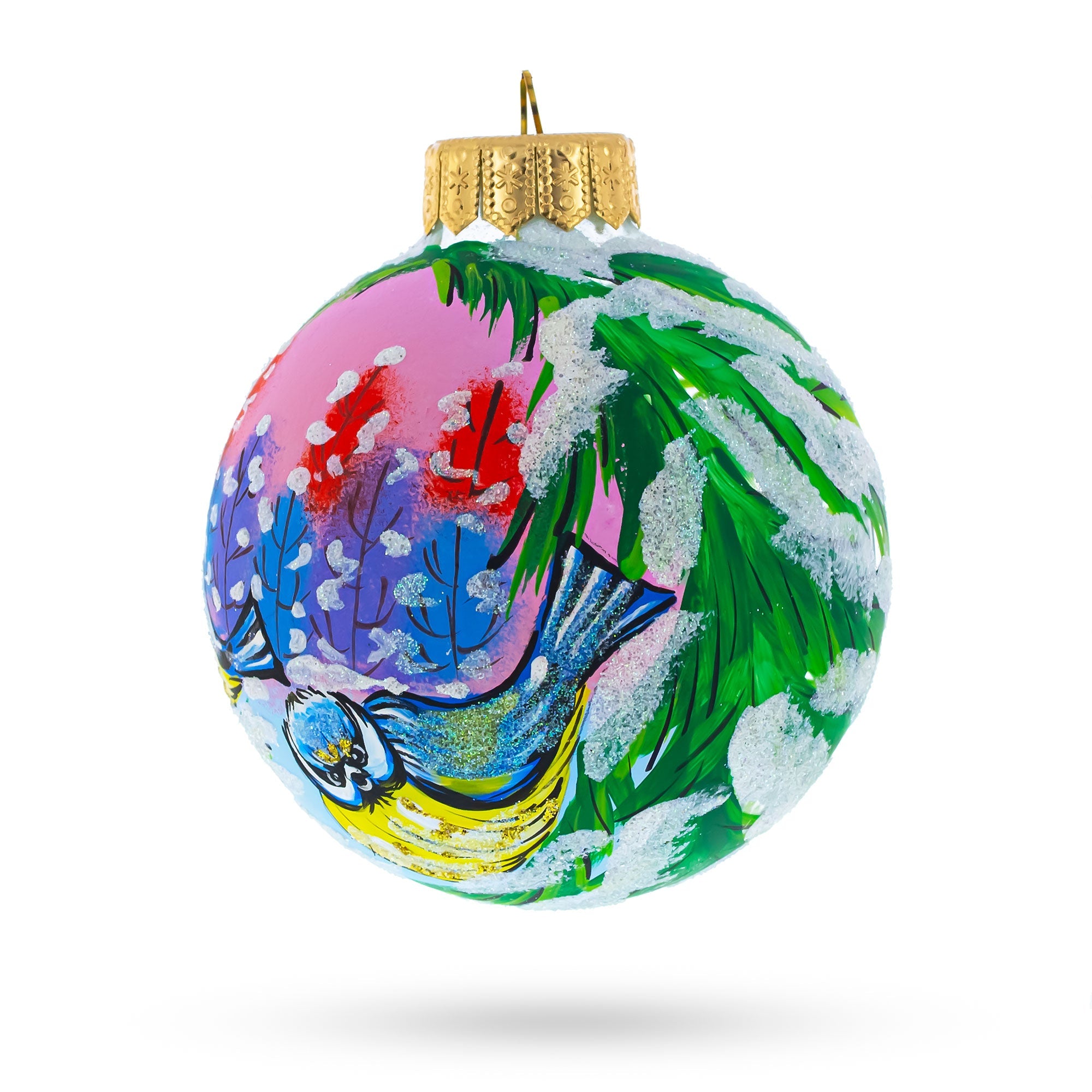 Whimsical Two Finches In Winter - Artisan Blown Glass Ball Christmas Ornament 4 Inches