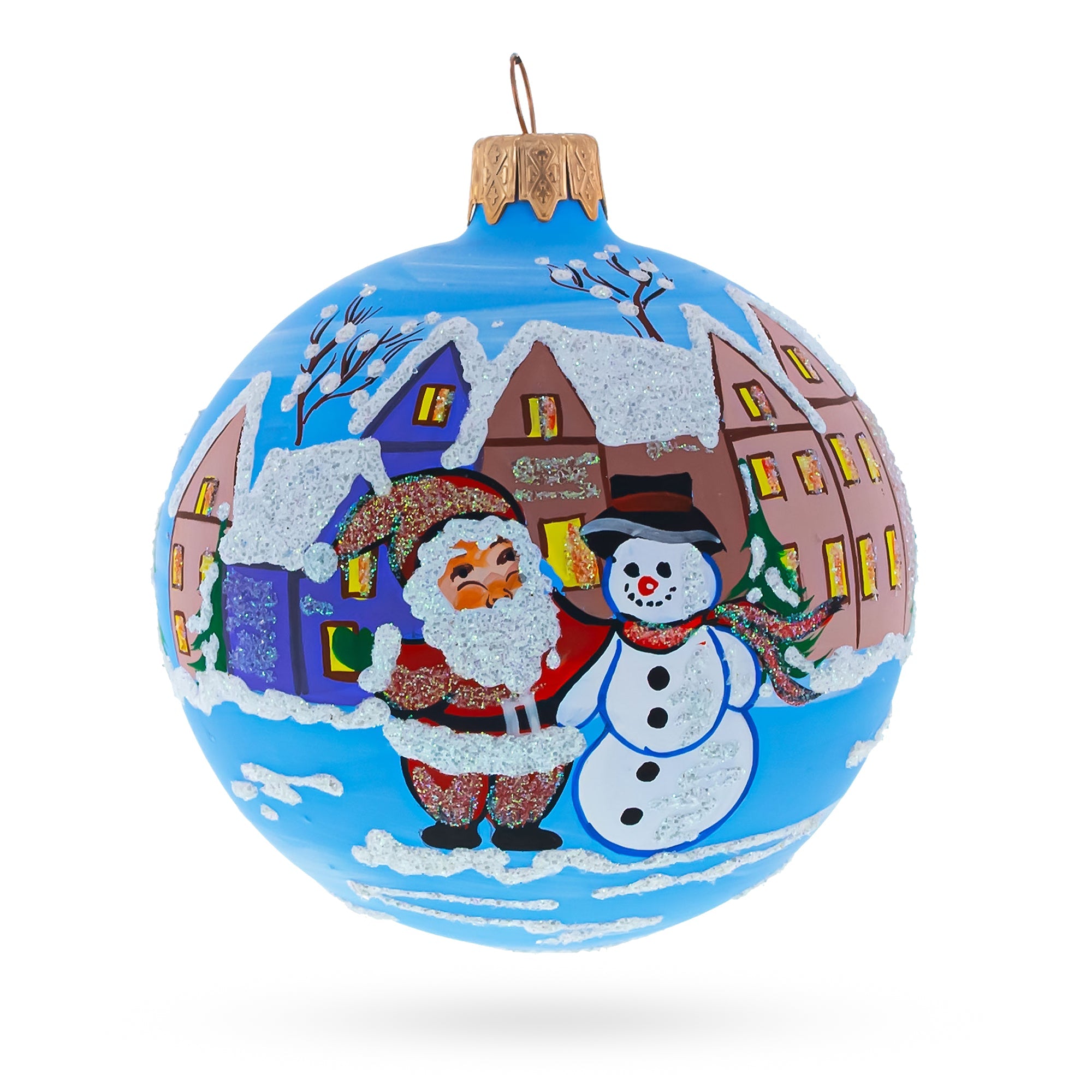 Jolly Santa With Snowman By House - Blown Glass Ball Christmas Ornament 3.25 Inches