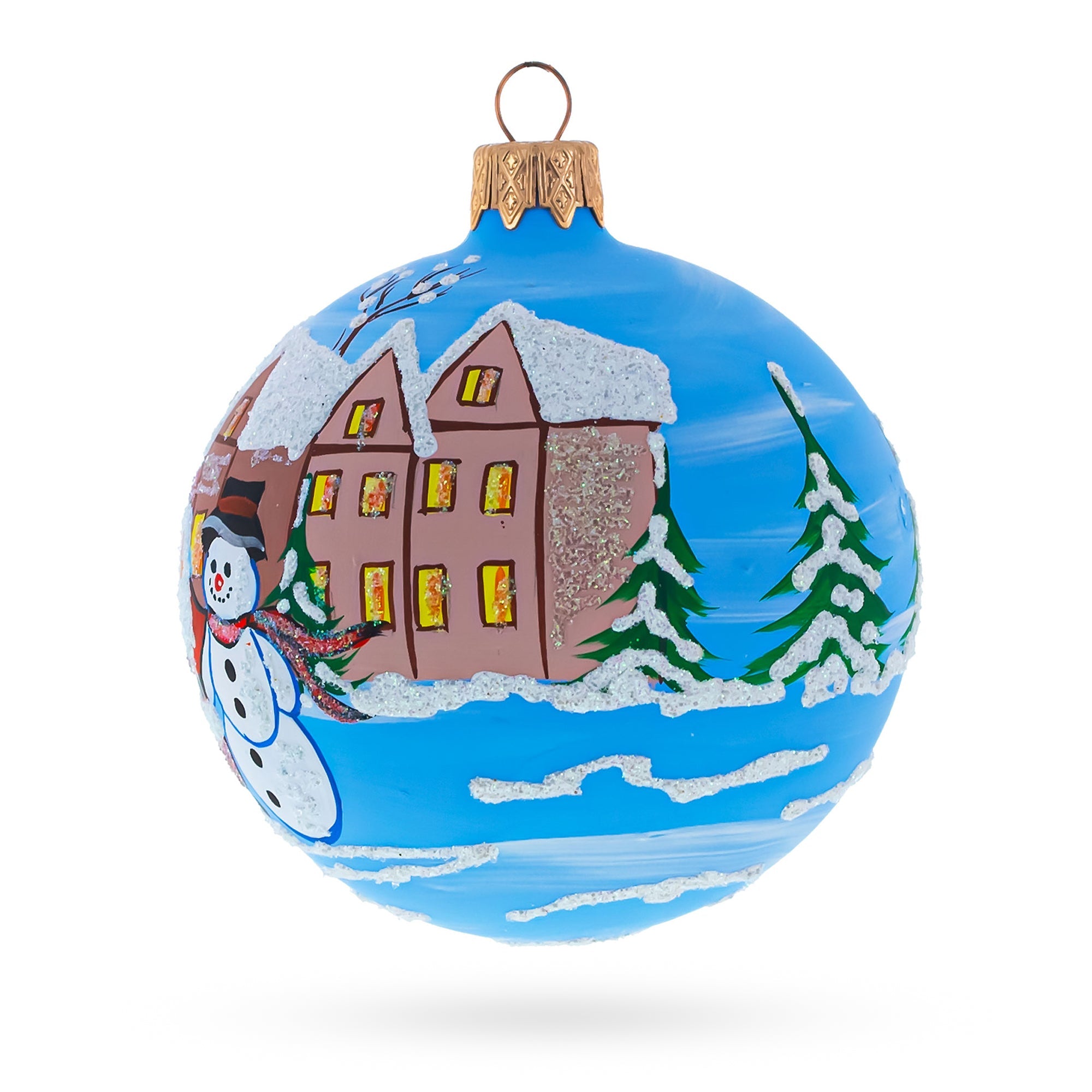 Jolly Santa With Snowman By House - Blown Glass Ball Christmas Ornament 3.25 Inches