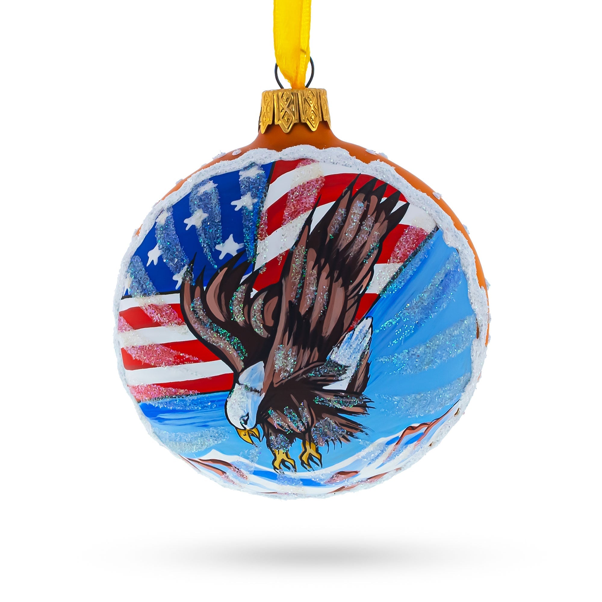 Patriotic Usa Flag And Bald Eagle - Artisan Blown Glass Ball Christmas Ornament 3.25 Inches