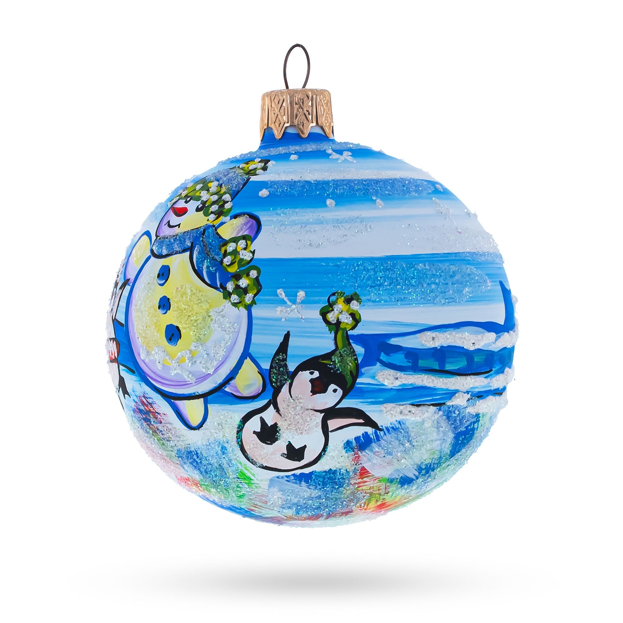 Delightful Snowman With Penguin: Artisan Blown Glass Ball Christmas Ornament 3.25 Inches