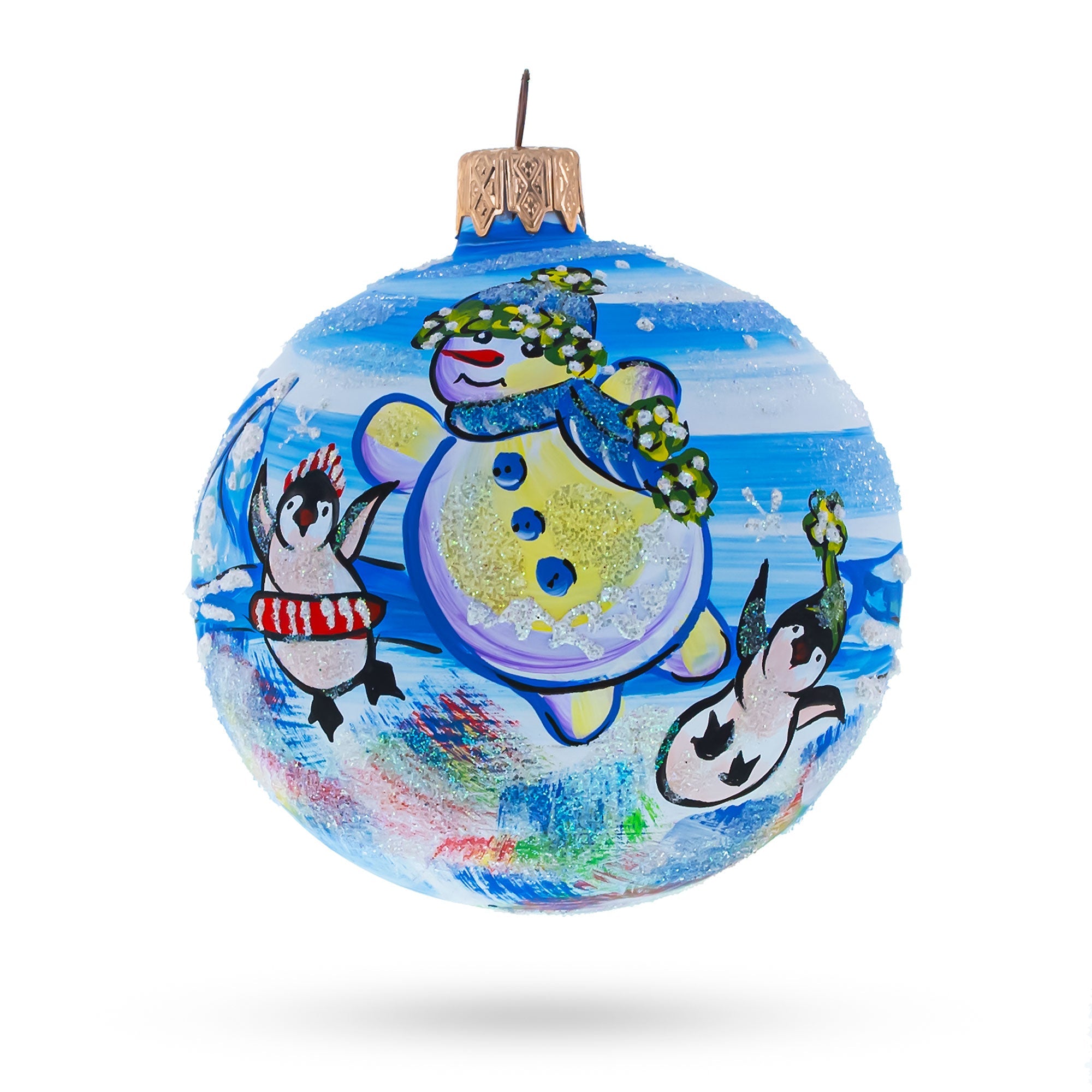 Delightful Snowman With Penguin: Artisan Blown Glass Ball Christmas Ornament 3.25 Inches