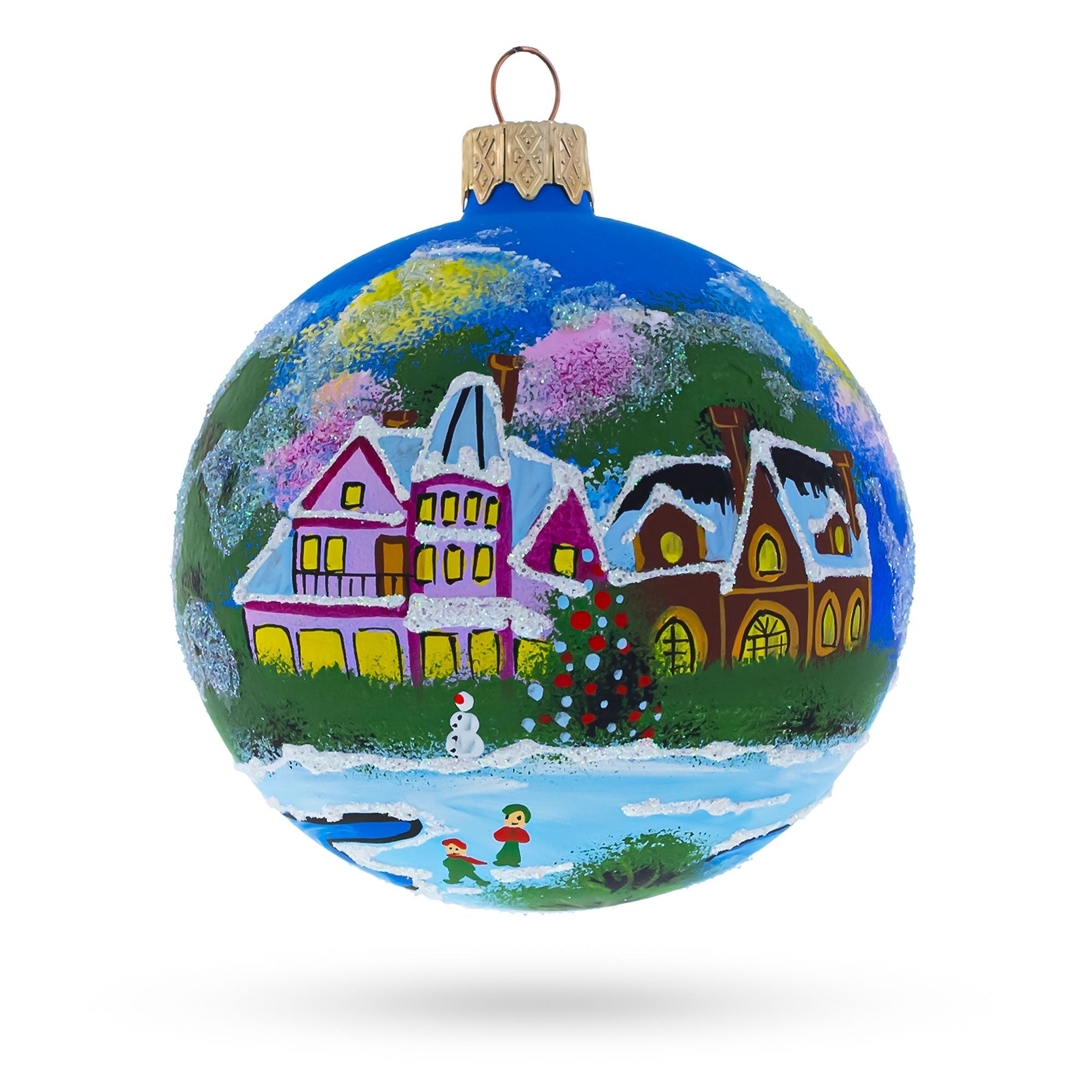 Enchanted Christmas Night Village Scene - Blown Glass Ball Ornament 3.25 Inches