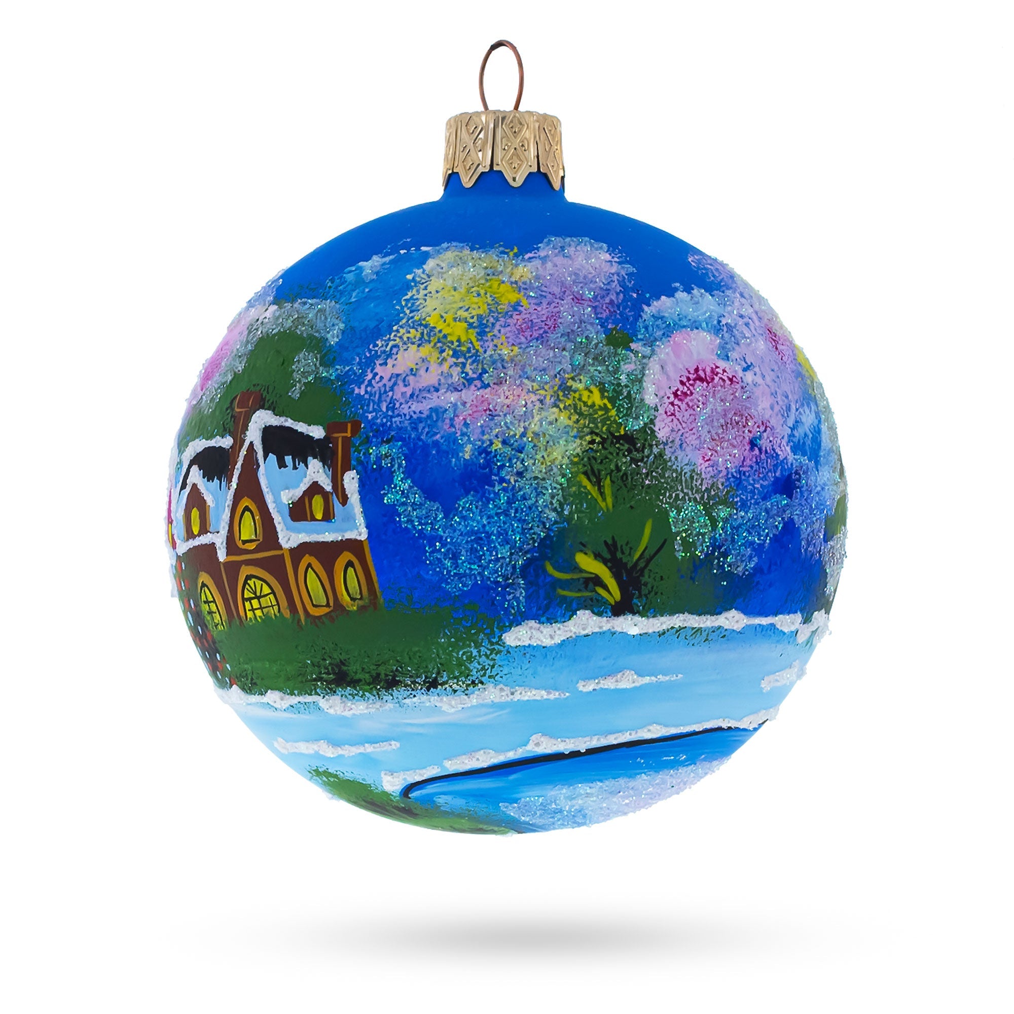 Enchanted Christmas Night Village Scene - Blown Glass Ball Ornament 3.25 Inches