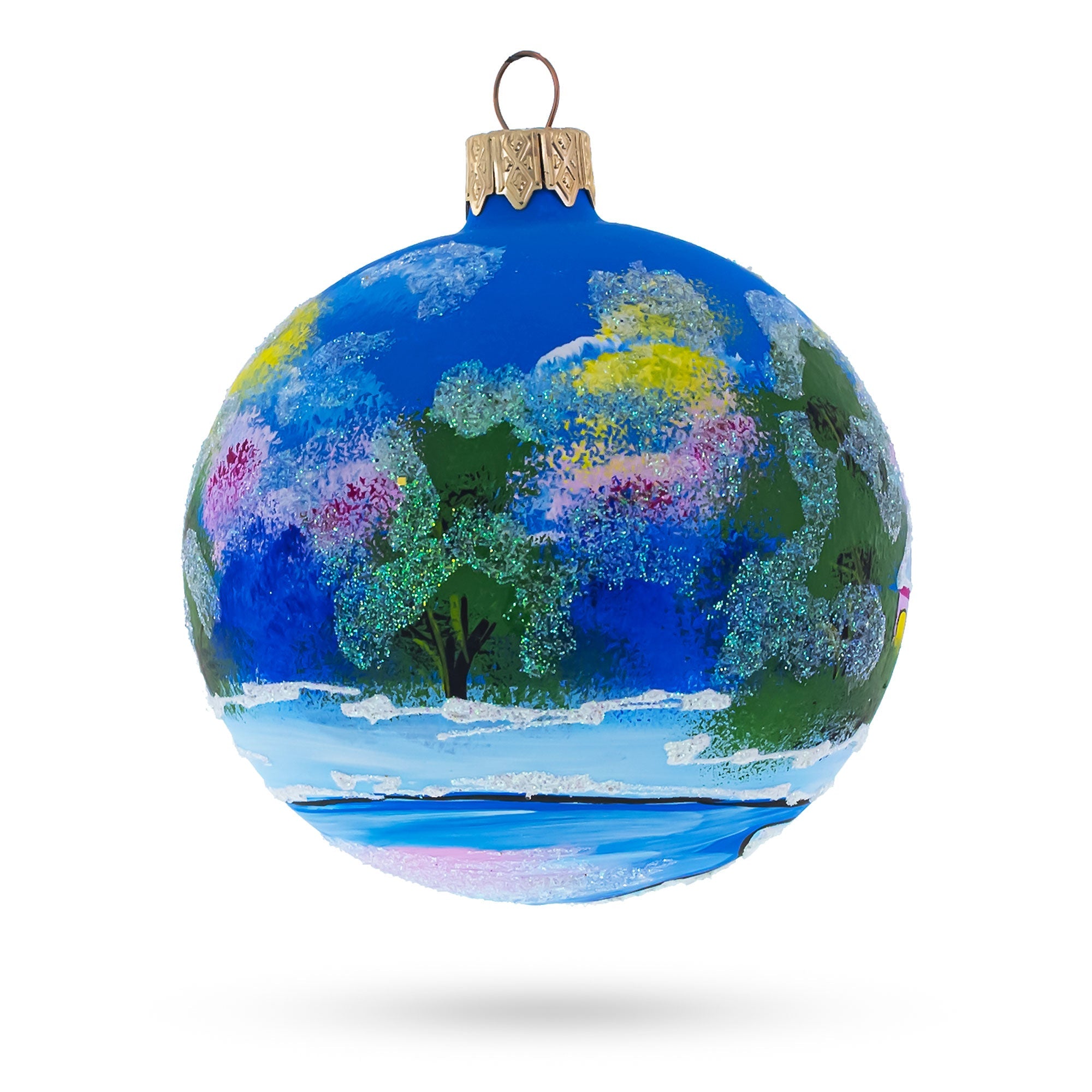 Enchanted Christmas Night Village Scene - Blown Glass Ball Ornament 3.25 Inches