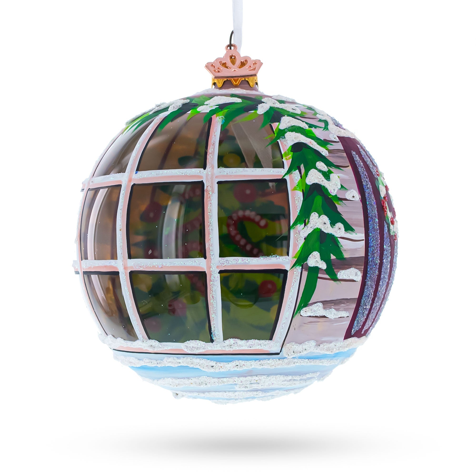 Intriguing Santa Peeking Through House Window - Hand-painted Blown Glass Ball Christmas Ornament 4 Inches