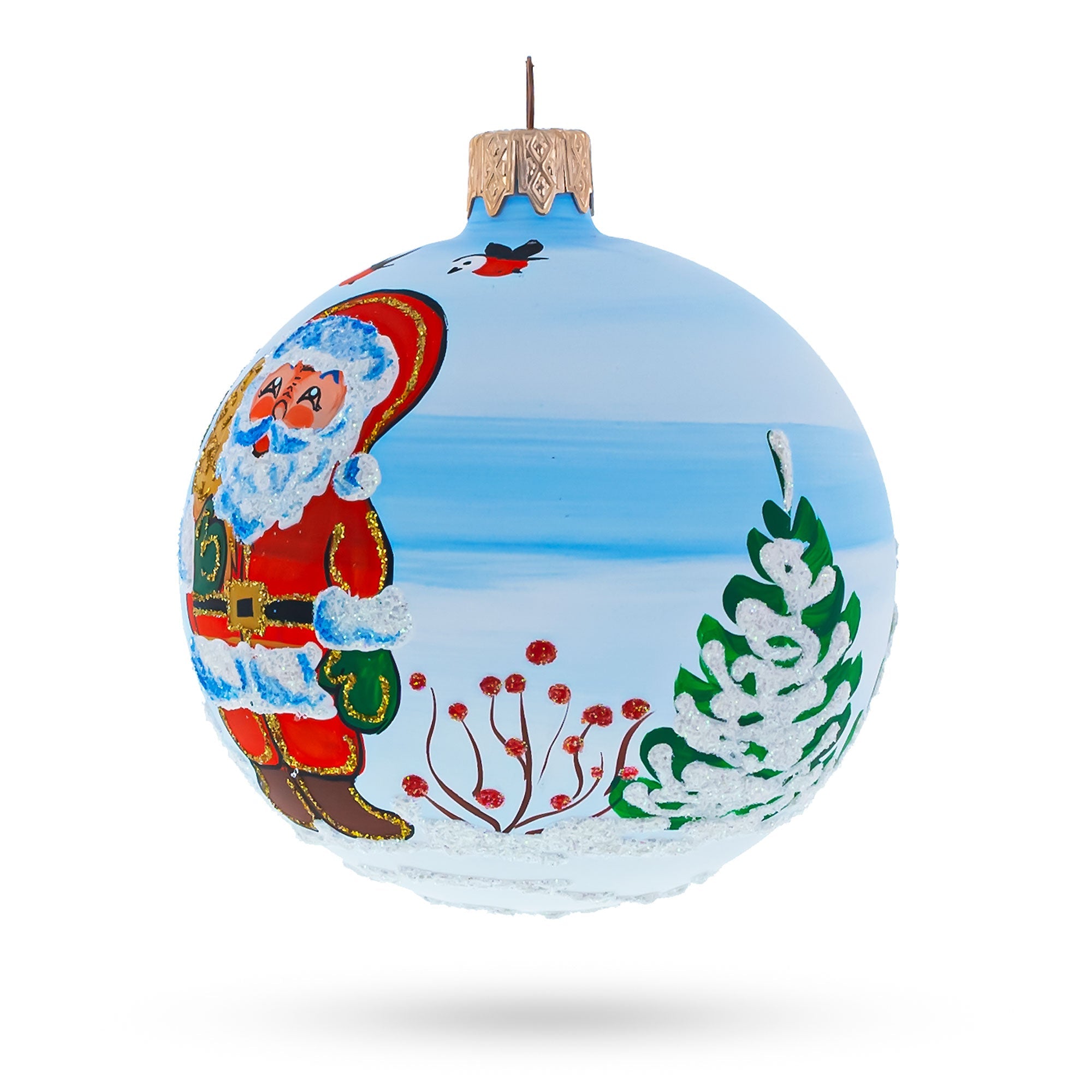 Enchanting Snowman With Bird House And Santa - Blown Glass Ball Christmas Ornament 3.25 Inches