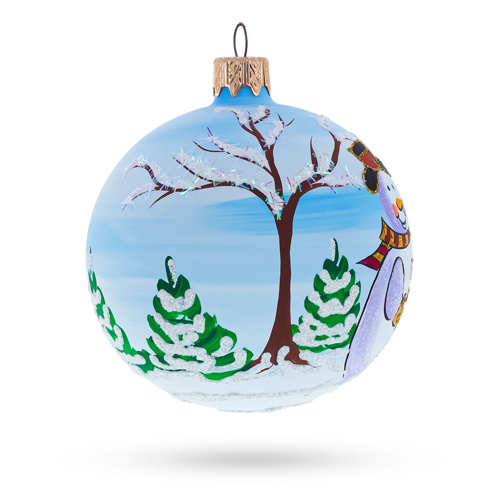 Enchanting Snowman With Bird House And Santa - Blown Glass Ball Christmas Ornament 3.25 Inches