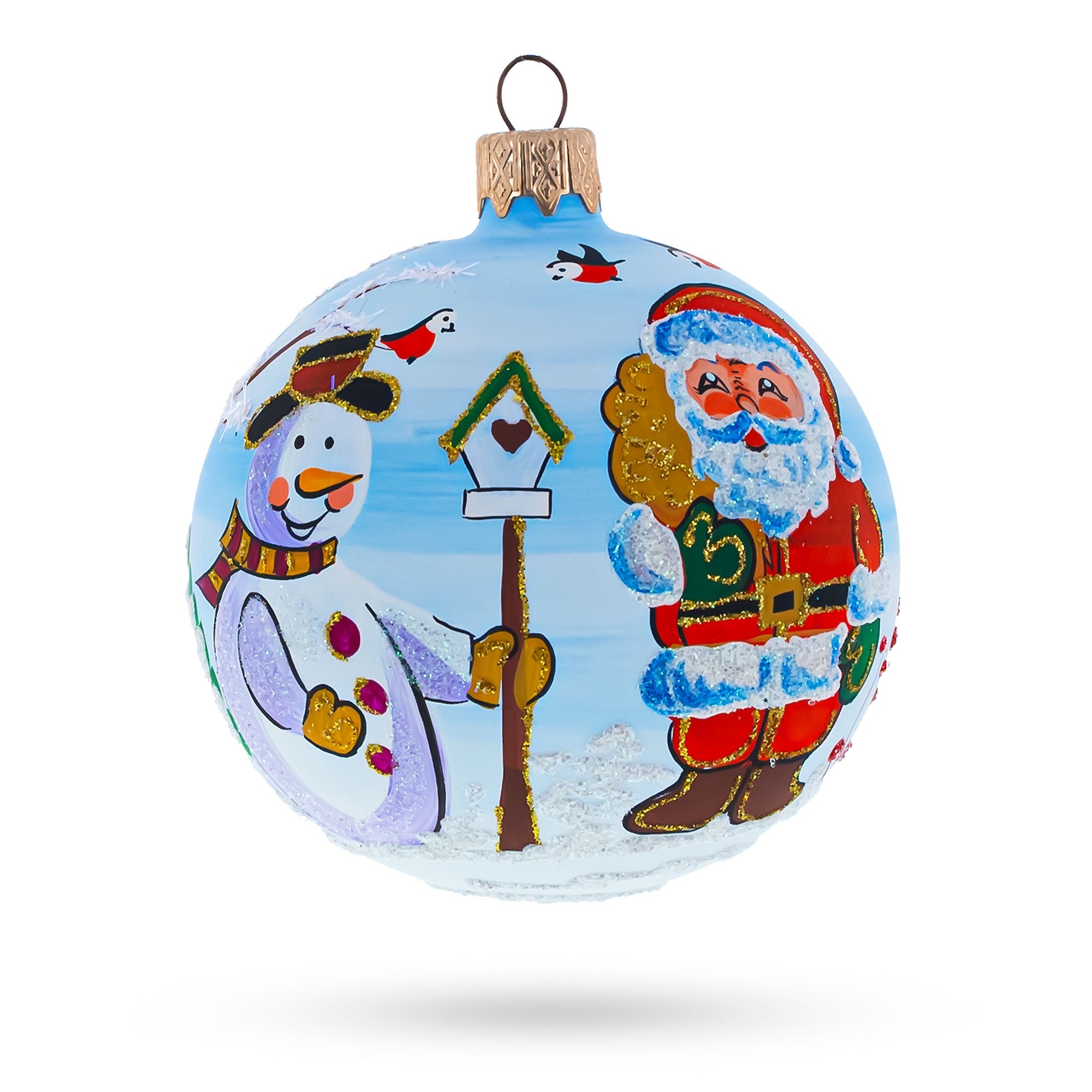 Enchanting Snowman With Bird House And Santa - Blown Glass Ball Christmas Ornament 3.25 Inches