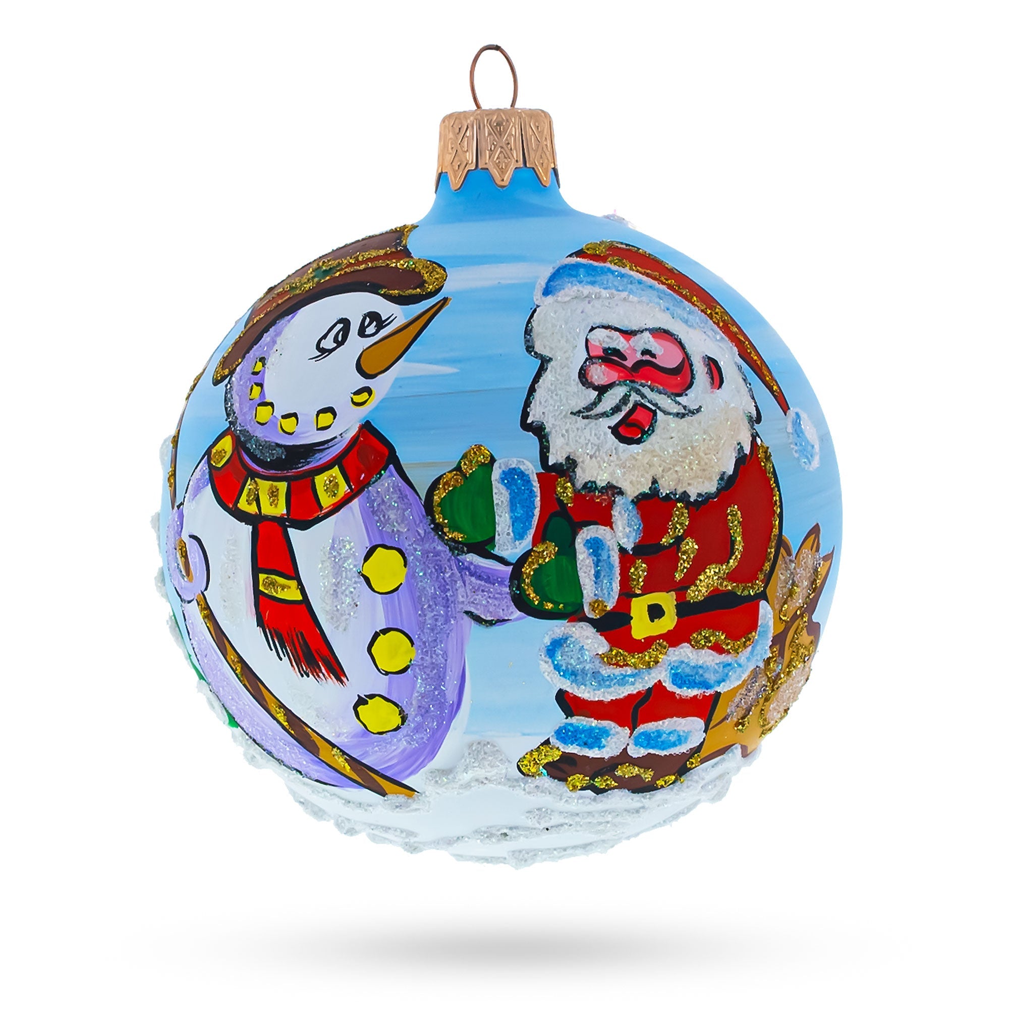 Joyful Laughing Santa With Snowman - Blown Glass Ball Christmas Ornament 3.25 Inches