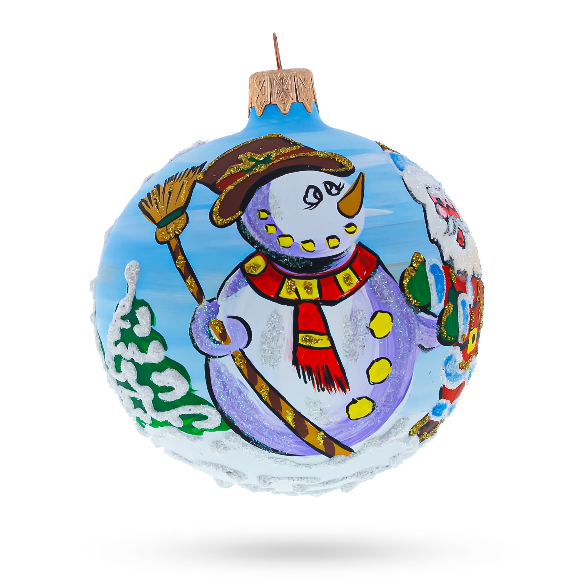 Joyful Laughing Santa With Snowman - Blown Glass Ball Christmas Ornament 3.25 Inches