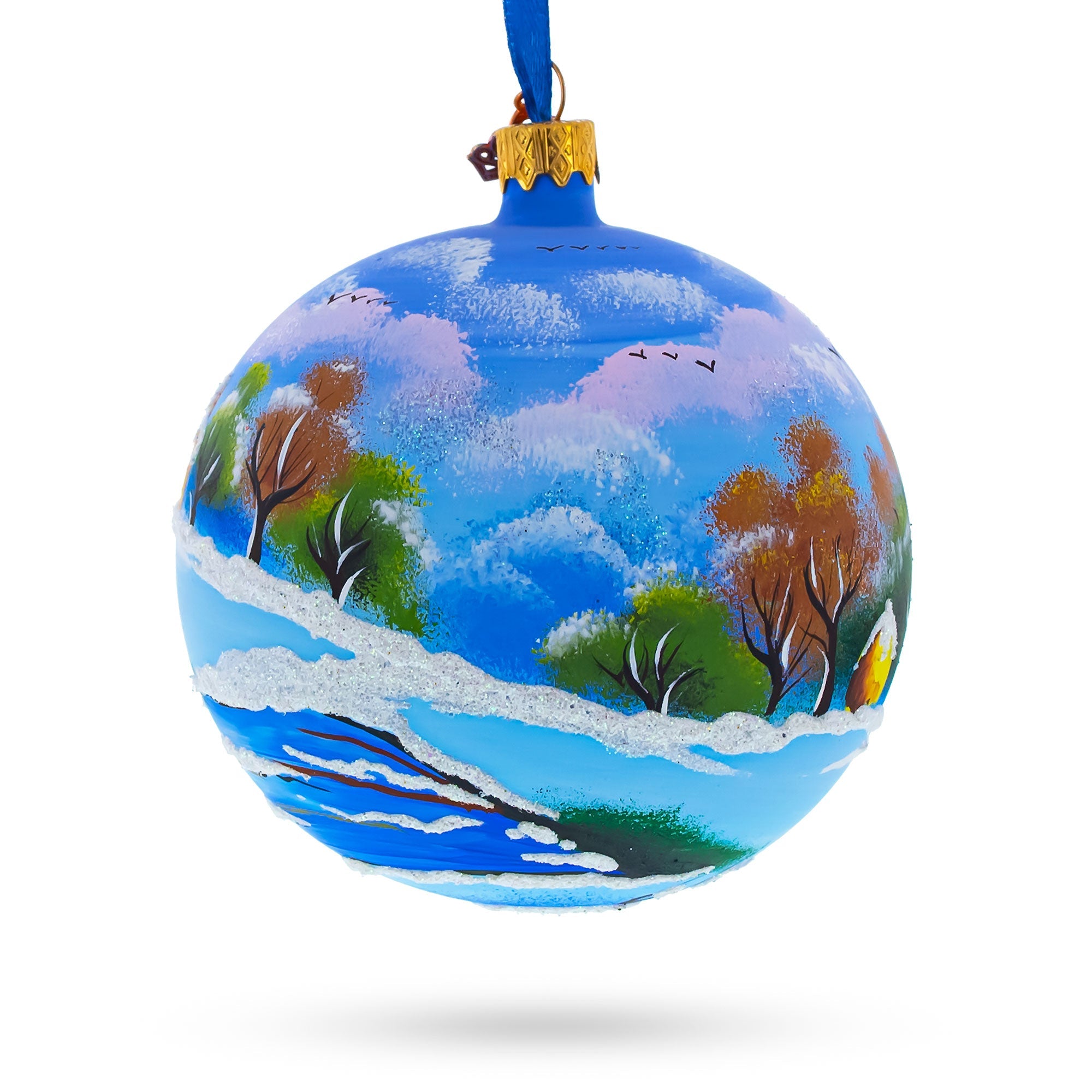 Serene Winter Village Scene With Lake - Artisan Blown Glass Ball Christmas Ornament 4 Inches